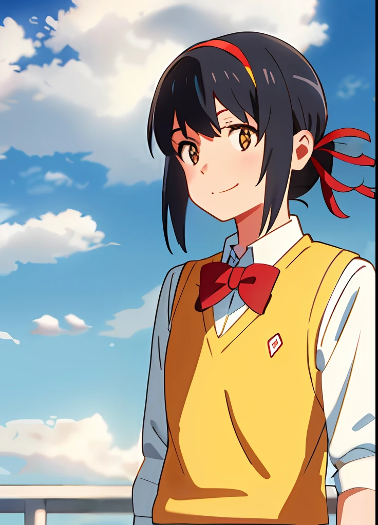 shinkai makoto, kimi no na wa., 1girl, bangs, black hair, blue sky, blush, bow, bowtie, brown eyes, cloud, collared shirt, hair ribbon, hairband, looking at viewer, negative space, outdoors, red bow, red bowtie, red hairband, red ribbon, ribbon,  school uniform, shirt, short hair, sky, smile, solo, sweater vest, upper body, vest, white shirt, yellow sweater vest, yellow vest