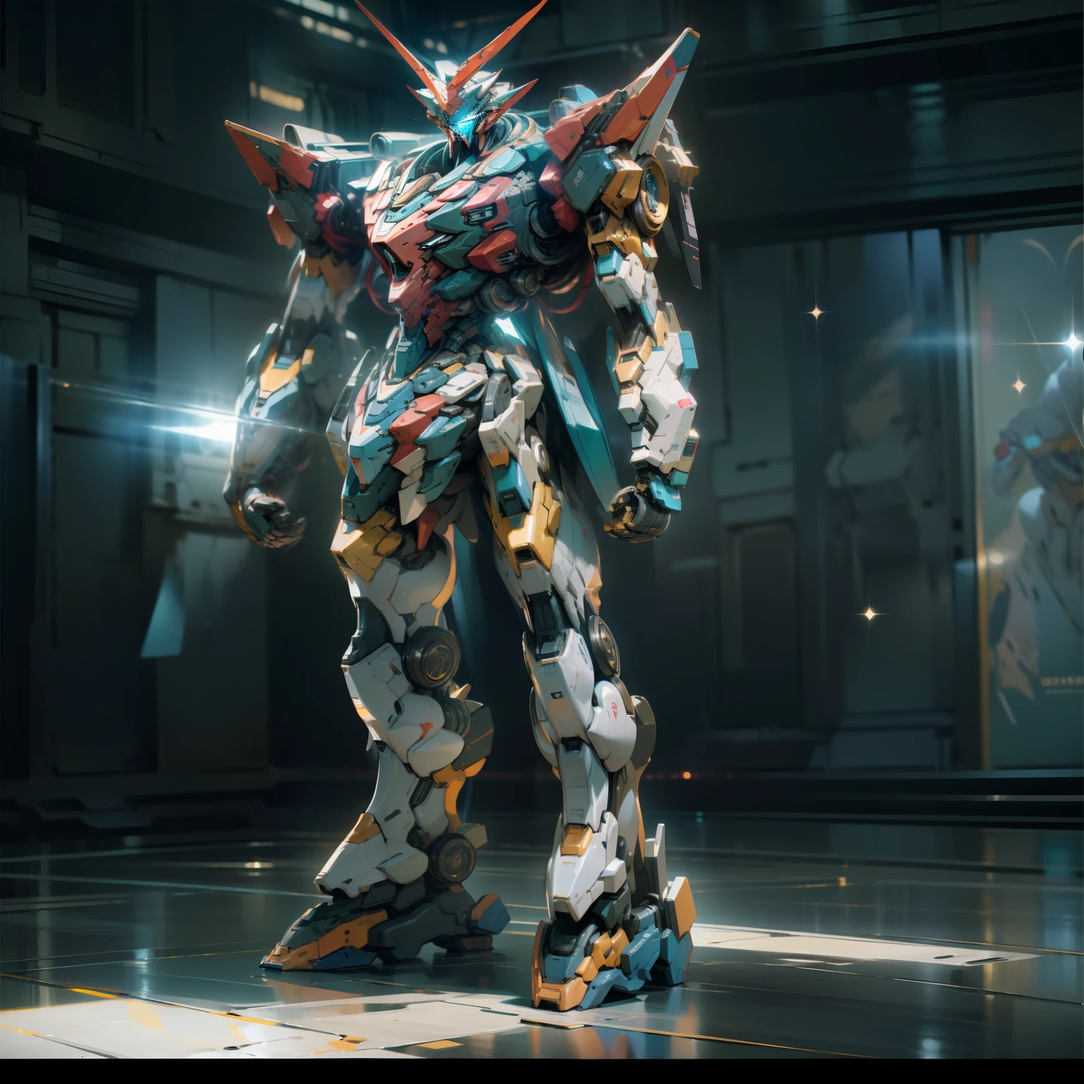 Full body standing painting, Gundam Mech, Machinary, The frontal of the character, reflective light, hyper HD, A high resolution, High detail, Chiaroscuro, Sparkle, Ray tracing, Cinematic lighting, high detail, chiaroscuro, sparkle, ray tracing, reflection light, cinematic lighting, Masterpiece, ccurate, Super detail, High details, High quality, 16k, UHD, masterpiece, ccurate, super detail, high details, high quality, highres, 16k
