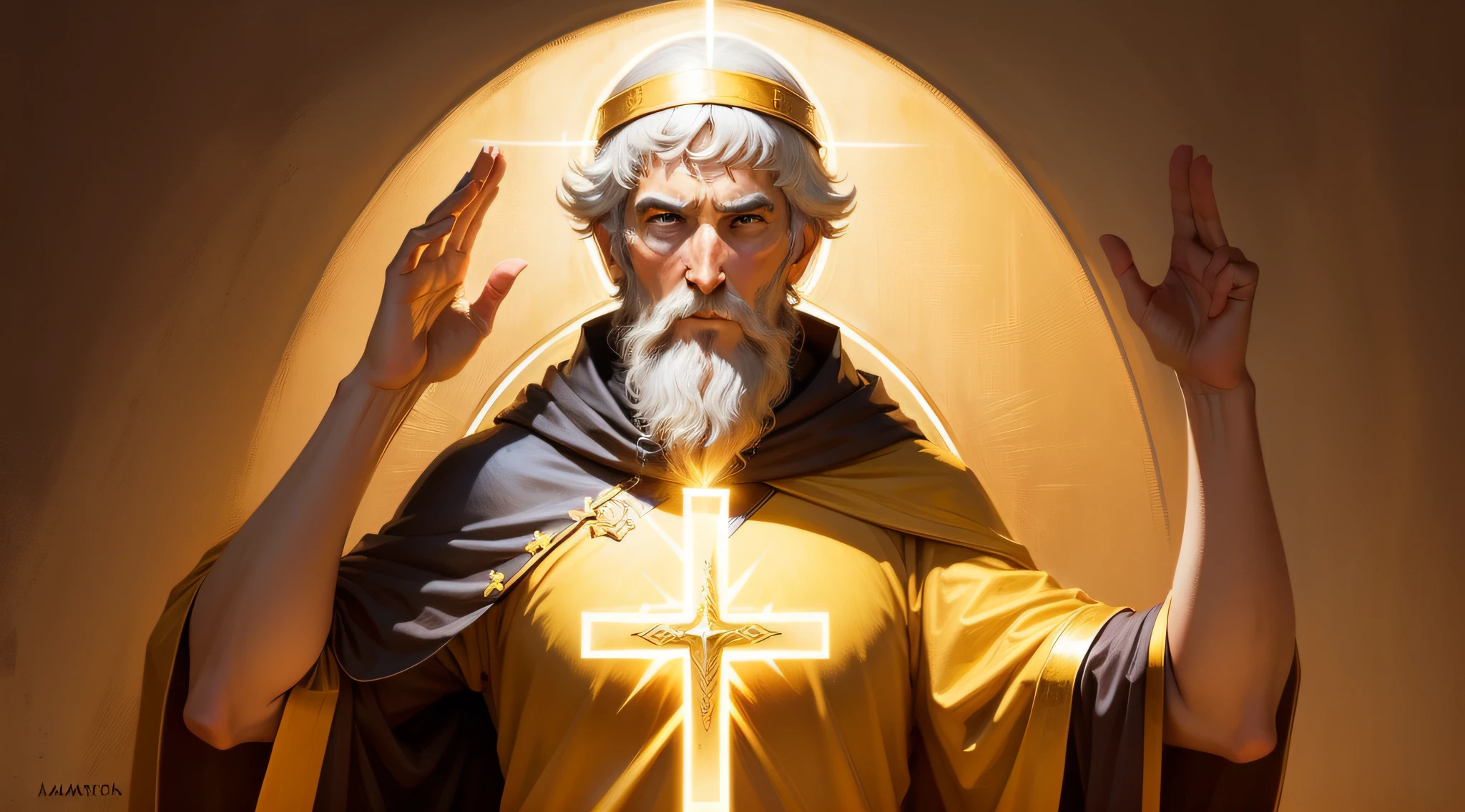 draw the biblical character St. Benedict with one hand facing forward blessing people, backgrou com bastante reflexo amarelo