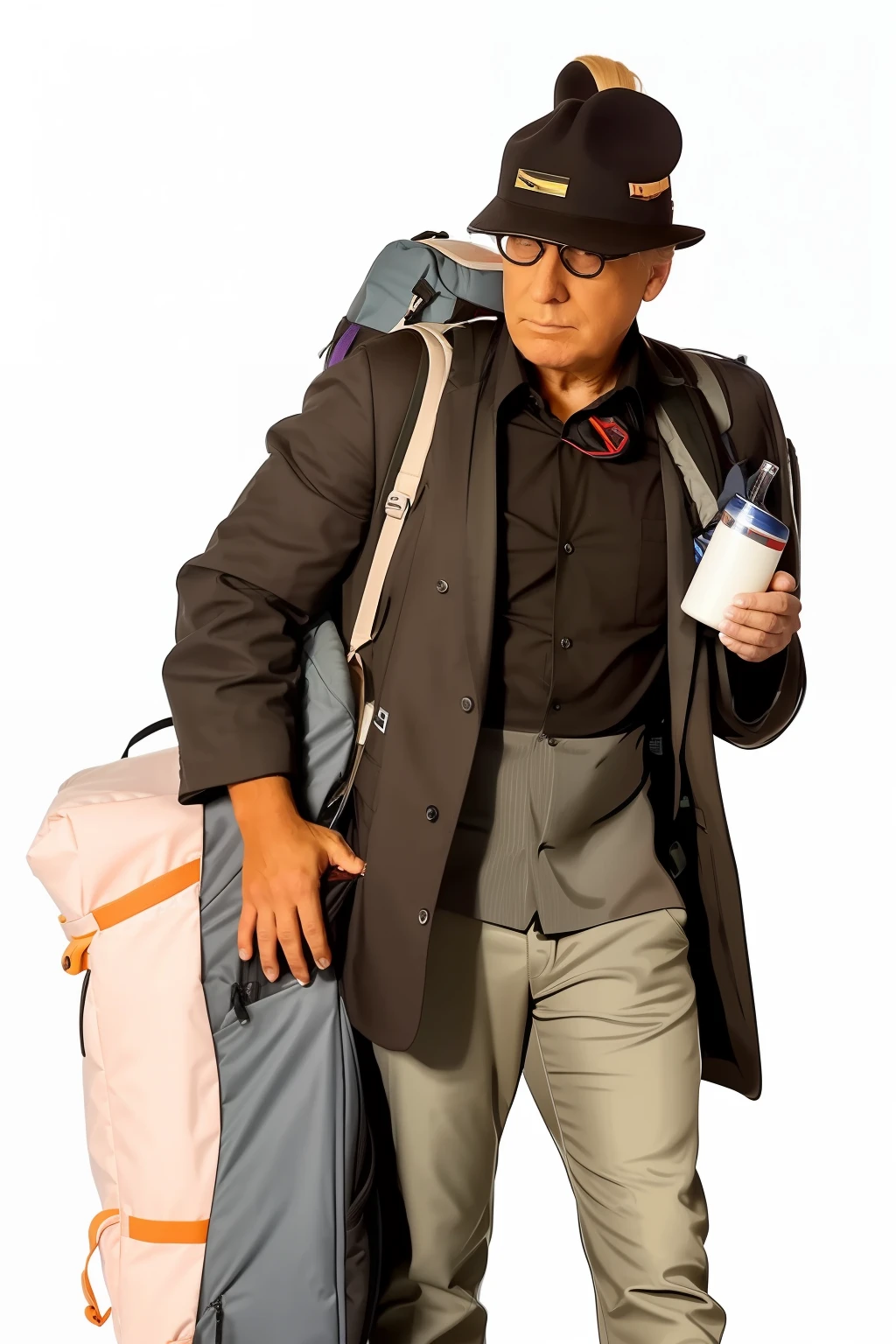 Man with a backpack and a drink in his hand, Donald Trump como um sem-teto, taken in the early 2020s, Directed by: Linda Sutton, Directed by: Jim Nelson, Directed by: Joe Stefanelli, Foto de perfil, robb cobb, Close-up de corpo inteiro, Directed by: Anita Kunz, corpo inteiro disparado de perto, Um homem