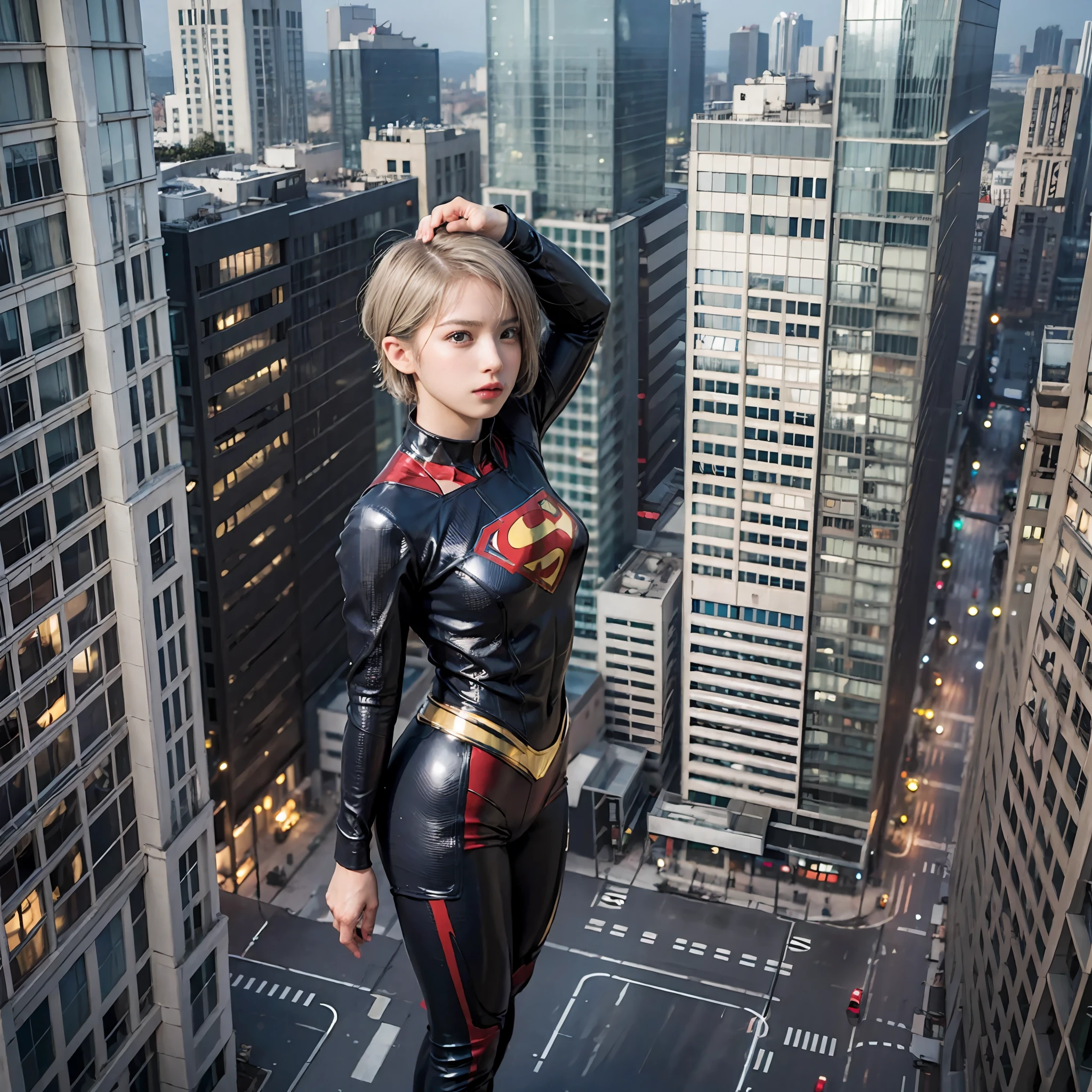 Best Quality, masutepiece, (Photorealistic:2), Ultra High Resolution, Highly detailed, A hyper-realistic, 1girl in, Supergirl suit in white, superman logo, Spider-Man pattern, Colorful、(((very_short_hair))), Short hair, Slim body, Full Shot, Looking at Viewer, Night, On the roof of a building, Rain, Dark Scene, Dark atmosphere, light neon, myst, cloudy, Lightning, Detailed background