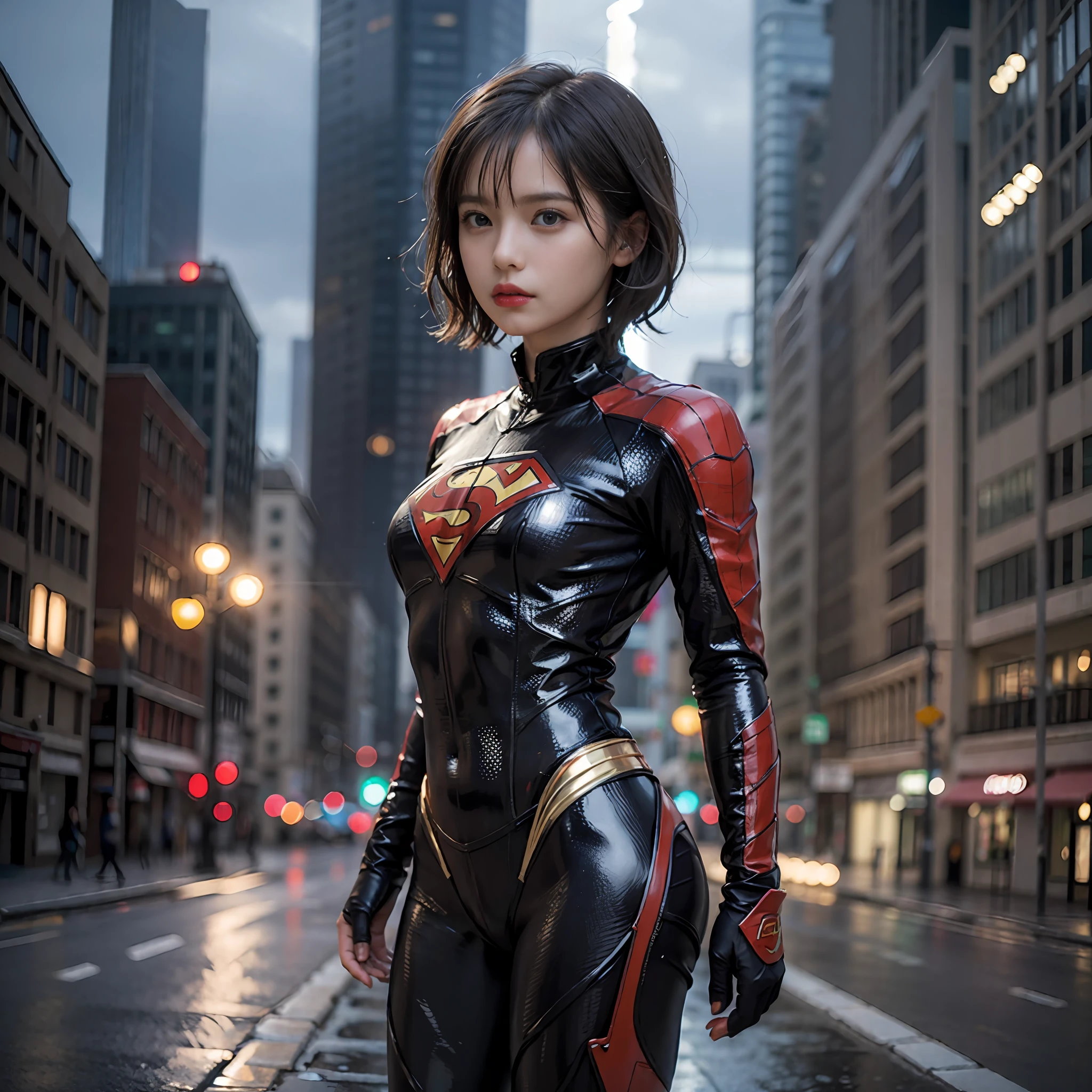 Best Quality, masutepiece, (Photorealistic:2), Ultra High Resolution, Highly detailed, A hyper-realistic, 1girl in, Supergirl suit in white, superman logo, Spider-Man pattern, Colorful、(((very_short_hair))), Short hair, Slim body, Full Shot, Looking at Viewer, Night, On the roof of a building, Rain, Dark Scene, Dark atmosphere, light neon, myst, cloudy, Lightning, Detailed background