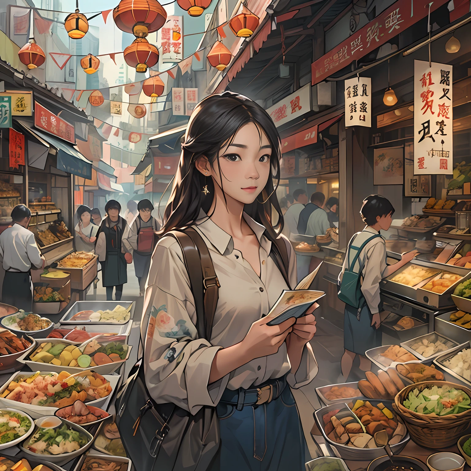 A young woman named Yang Feiyue stands on a bustling food street, holding a map, Surrounded by various food stalls, There was a hint of disappointment and confusion on his face, ,in the style of the stars art group xing xing, 32K, Best quality, Masterpiece, Super detail, High details,