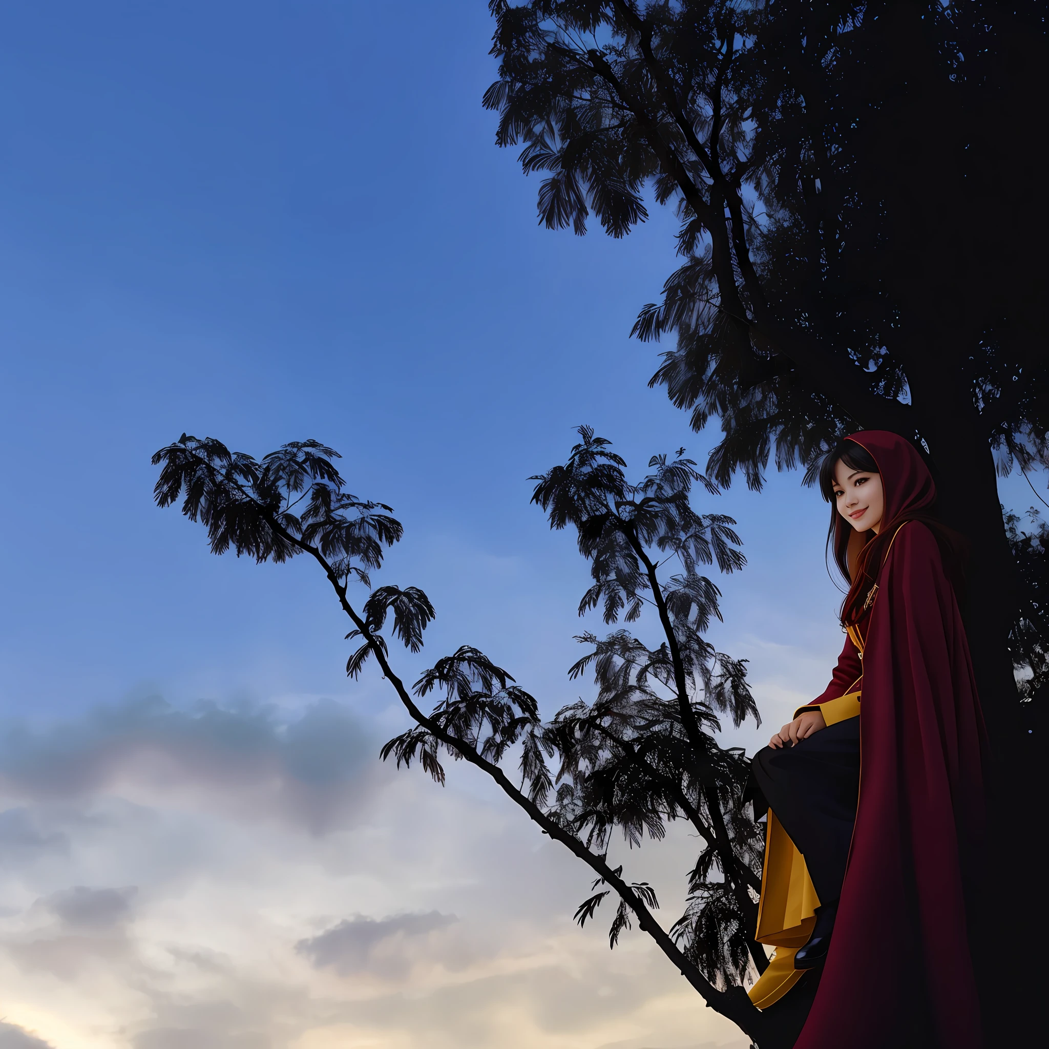 Women with a graceful figure,Sit on a branch,Frontal orientation,The picture is quarter-size,Smile at the camera,Animated comic quality,Red Song uniform Han uniform,black long straight hair