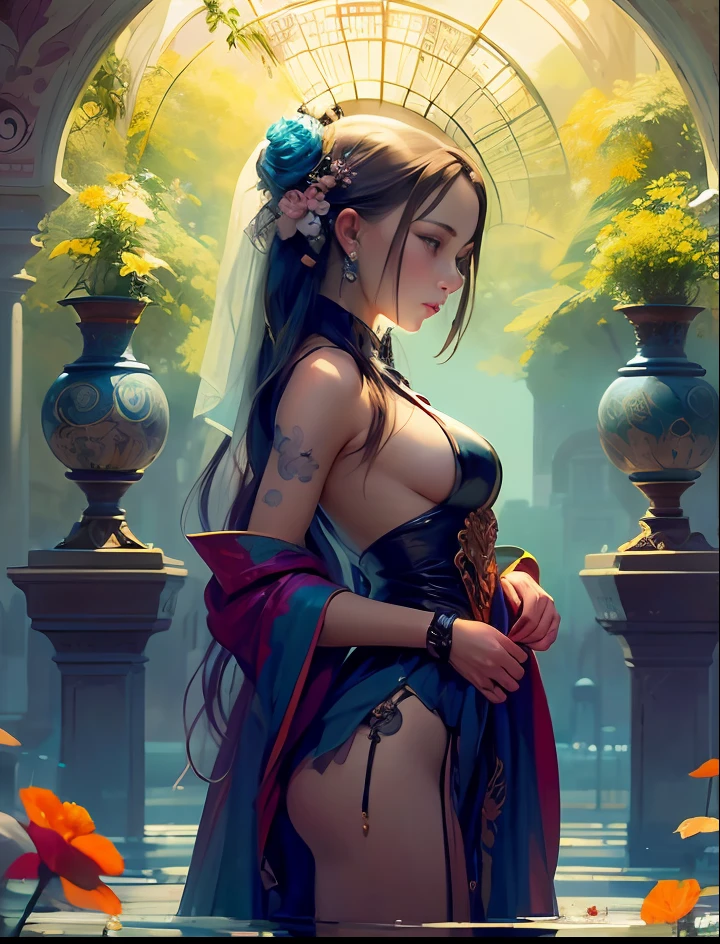 a close up of a woman in a silver and blue dress, chengwei pan on artstation, by Yang J, detailed fantasy art, stunning character art, fanart best artstation, epic exquisite character art, beautiful armor, extremely detailed artgerm, detailed digital anime art, artgerm on artstation pixiv, armor girl,"Bizarre illustration of a beautiful young cyberpunk girl with pink-blue hair with flowers, with large well-drawn eyes from Botticelli paintings, a sad image. film avatar, art nouveau style of painting and architecture, Arthur Rackham; in the artist's amazing poppy garden "Jacek Erka""" thanks rome storm!,beautiful caucasian girl close-up, beautiful goddess fused with forest and trees, black hair fused with platinum and gold, girl naked skin wet with water, beautiful visible pubic area, pink pesons, Exposed small breasts, garden pond, mandala and flower tattoos on the naked body, floating antique clock, lamp, lantern, garden pond, visible beautiful pubic area, pink nipples, small breasts in the view, full body, Sakimichan art, oriental mandala tattoo, fractal background, silver and gold and bronze spirit, floating ancient clock, ancient lamp, faint smile, view from below, towering goddess, nude female body fused into forest vines and leaves of trees, roman column, ancient temple with garden and pond