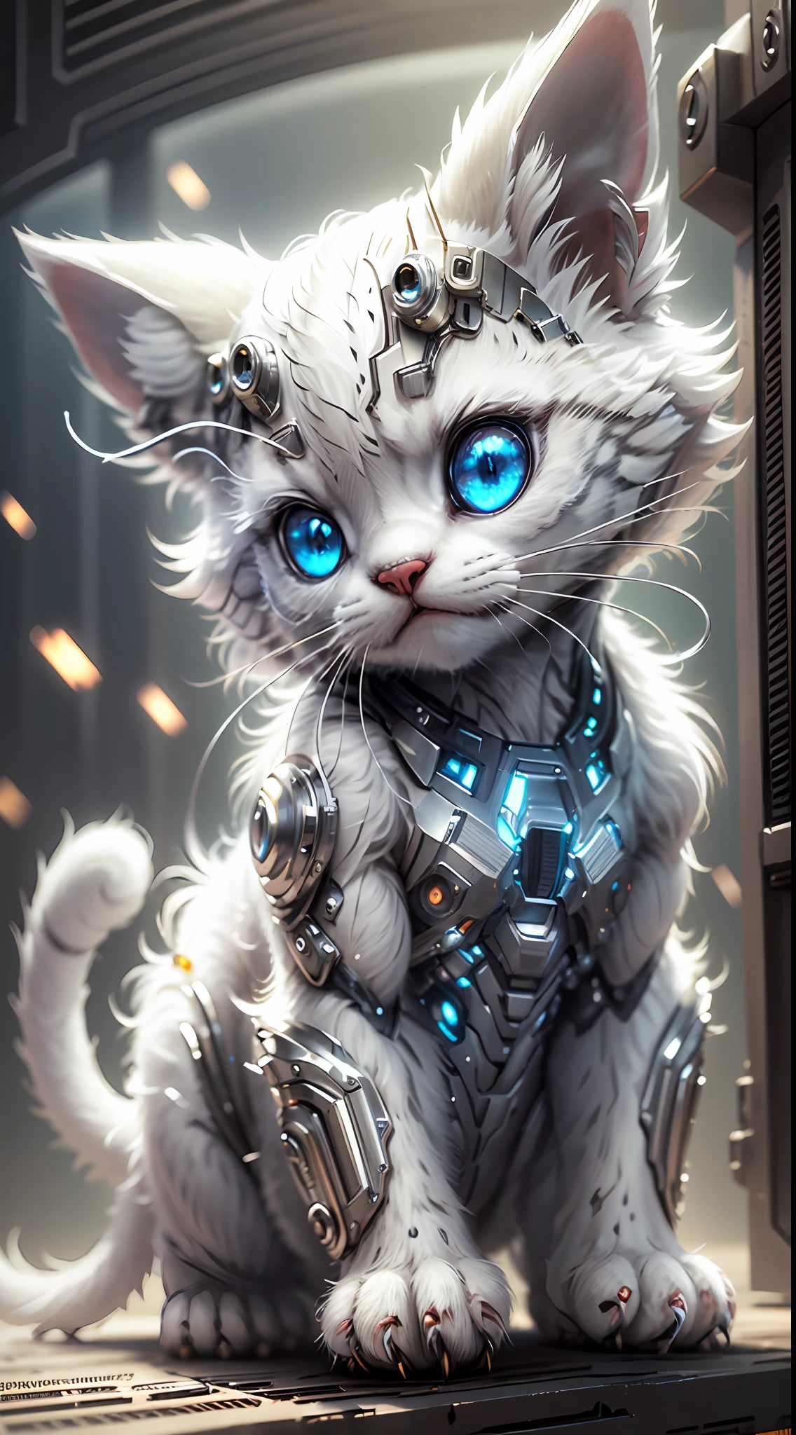 A cute metallic white fur kitten，(Cyborg:1.1)，([Tail|detailed wire]:1.3)，(complexdetails)，hdr，(complexdetails，ultra - detailed:1.2)，Cinema lenses，Halo shadow，at centre