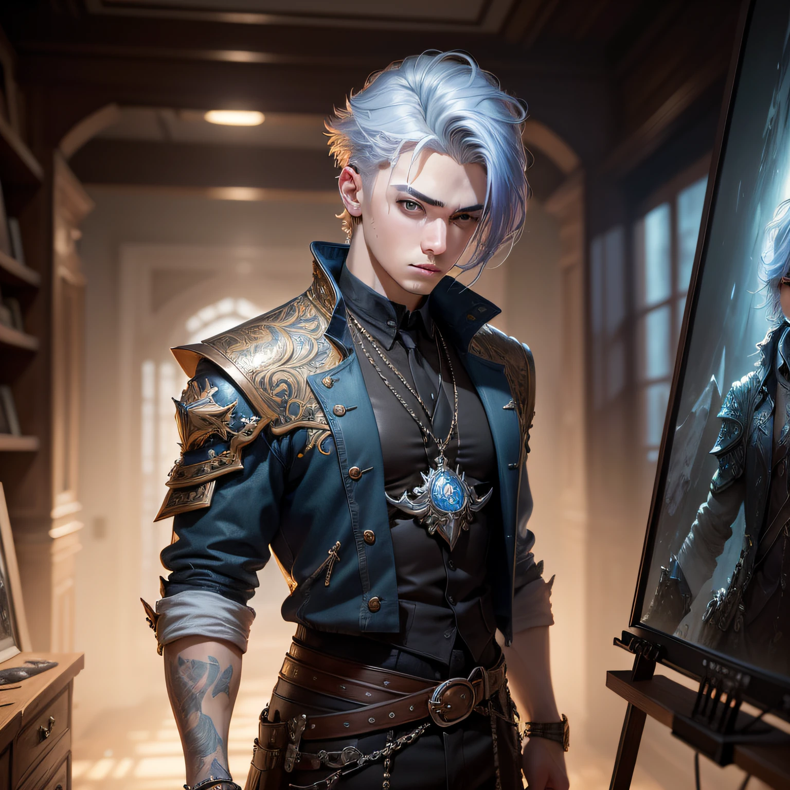 masterpiece, best quality, realistic, 18-years-old man, cool, ice color hair, dramatic light, 8k, determined look, Intricate details, highly detailed, Sharp focus, a digital rendering, professional, 4K, art stations, Art germ, fantasy, full body,