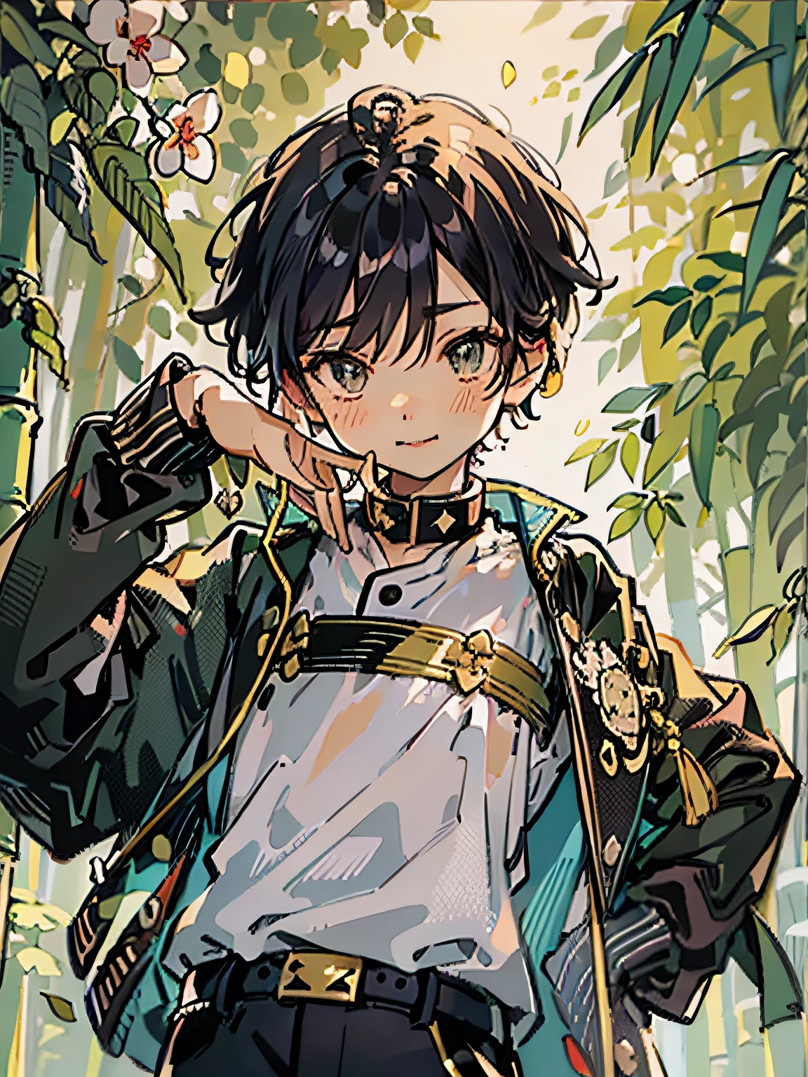 composition seen from below、view from below、one screen、sigle screen、Propose a very attractive design、独奏、one boy、Sideways、modern、Boy in pants、Modern Japan Male Student、Boy in school uniform、All black uniforms、14-year-old boy、Boy with short hair、Katsushika Hokusai-kaze、Natural color design、Bold and beautiful plant design、Bamboo motifs、Long stretched bamboo design、Bamboo forest background、Detailed diagram of the pattern、With the highest quality、Masterpiece、hight resolution、Artistic style、Postcard Design、Balanced design、Attractive composition、Emotional Art、Beautiful light production、Aerial perspective、japanese aesthetic、4K resolution、Gorgeous background art、Attributes of boys(a smile、Hanging eyes、student clothes、long trousers、slacks、gakuran、tight collar、Black School Uniform、Black stuffed collar jacket、Jacket with golden buttons、school uniform、military uniform、male people、Little Boy、Bullish personality、Dignified、Strong-willed eyes、Beautiful Boys、nobility、A dark-haired、straight haired、short-hair、Natural hairstyle、Honor Students、Good impression)