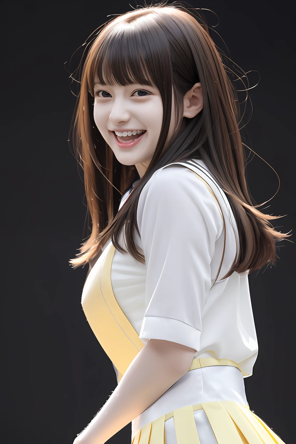 1girl in, Japan gravure models, Mideum straight-haired, Bangs, (pale skin:1.1),Cute Beautiful Girl,Large breasts, Naive and serious innocent girl,
break
grin, Pleasant feelings, happy feeling,
Dynamic Angle, Dynamic Pose, (fun posing:1.1),
(Innocent school idol_Singer's costume:1.3), On stage
break,
masutepiece, Best Quality, 8K, Detailed, Detailed face, Skin and hair, Hi-Res, Perfect Anatomy, Physically-based rendering, Photorealistic, symmetric clear eyes, Well-groomed face,