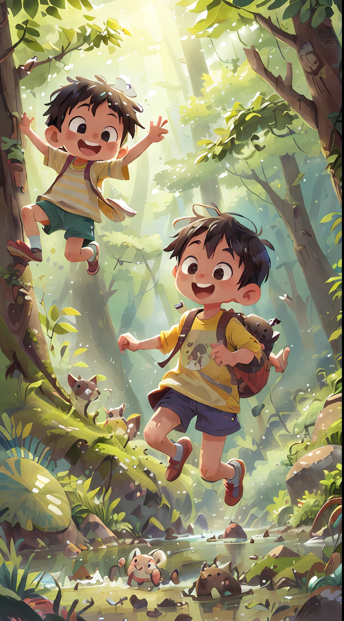 a smile、Wide variety of children、Clothes are also different、Forests rich in nature、Running around and playing、Swimming in the river、Climbing、Running around、Muddy、high-level image quality、hightquality、kawaii、Manga style、