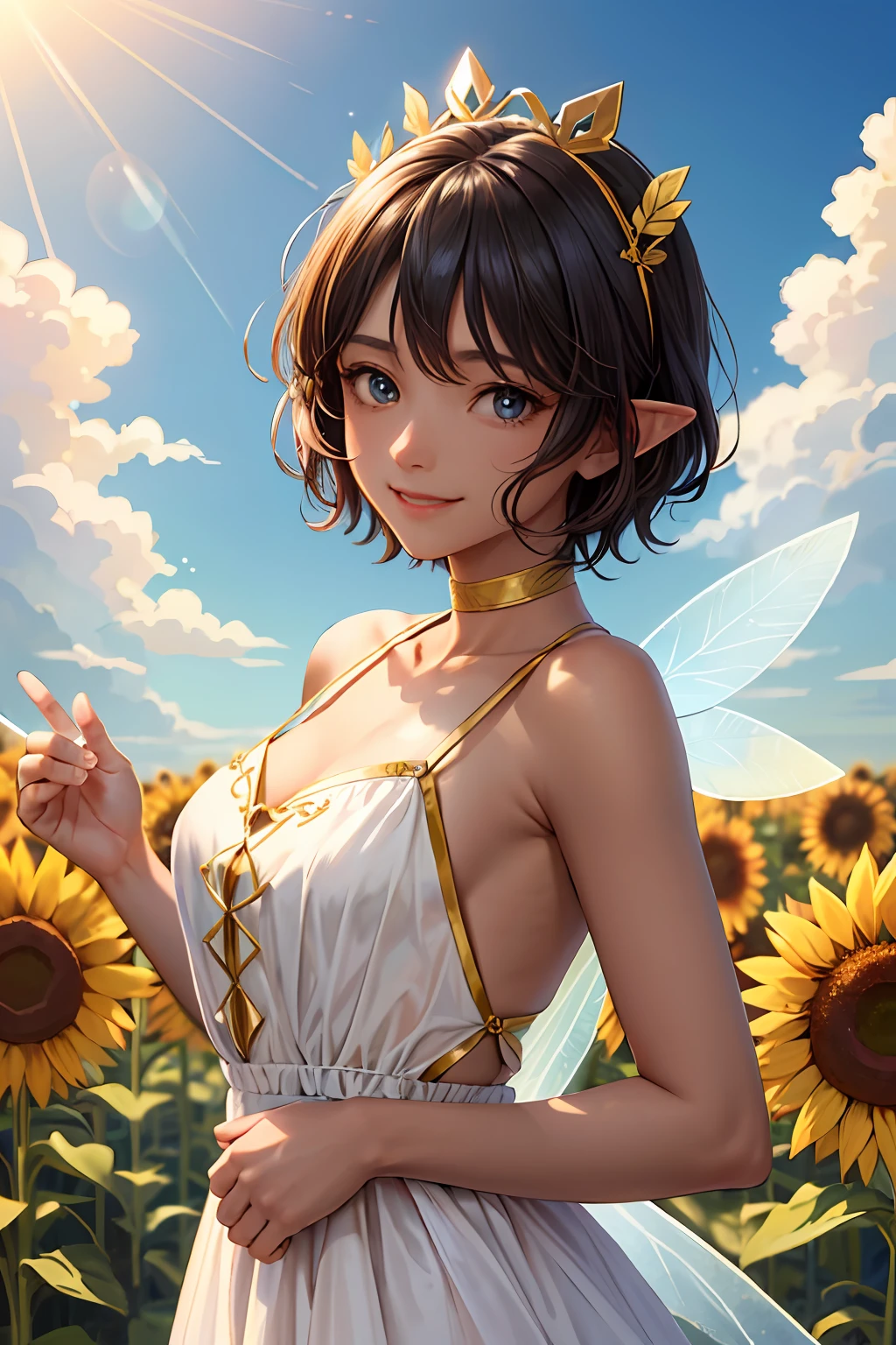 (Face Focus)、(1womanl、独奏、Tanned dark skin、a cool)、(short-haired、Brown hair、Blue eyes、a smile)、Sunflower Fairy、The costume、fairy wings、Sun flower、Leprechaun、elf-ears、sunflowers fields、Gold crown on the head、Sunflower hair ornament、Vast sky、blue-sky、Vigorous、fairy wings on the back、portlate、All the same girls