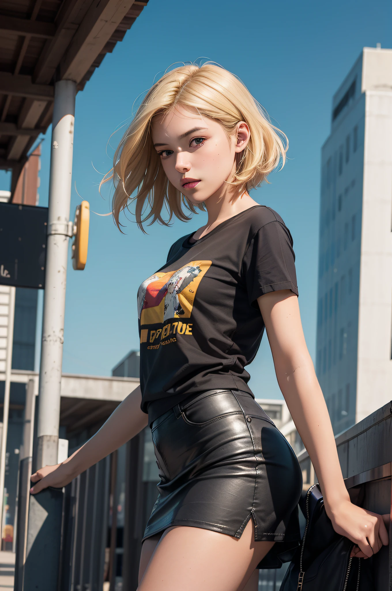 concept art, front angle of a young teen, wearing sexy short skirt and tight t-shirt, blonde hair styled as Short hair, equirectangular 360, Highres, [(art by Willi Baumeister:1.1), (art by John T. Biggers:1.2)::17], official art, unity 8k wallpaper, ultra detailed, aesthetic, masterpiece, best quality, photorealistic