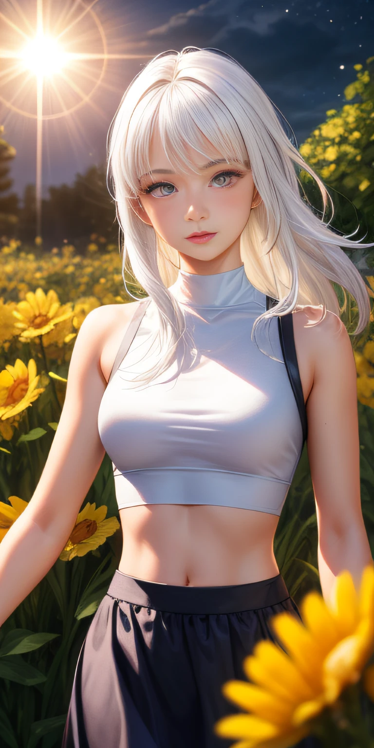 realistic, 1girl, white hair, purple eyes, glowing eyes, crop top, skirt, parted lips, blush, night, flowers, sun, sunlight,
