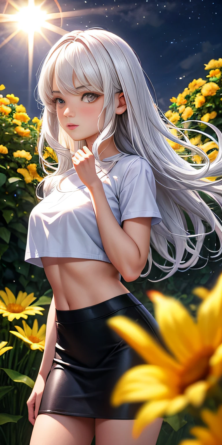 realistic, 1girl, white hair, purple eyes, glowing eyes, crop top, skirt, parted lips, blush, night, flowers, sun, sunlight,
