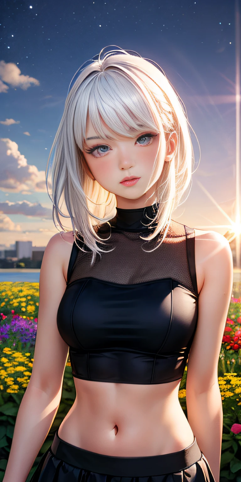 realistic, 1girl, white hair, purple eyes, glowing eyes, crop top, skirt, parted lips, blush, night, flowers, sun, sunlight,