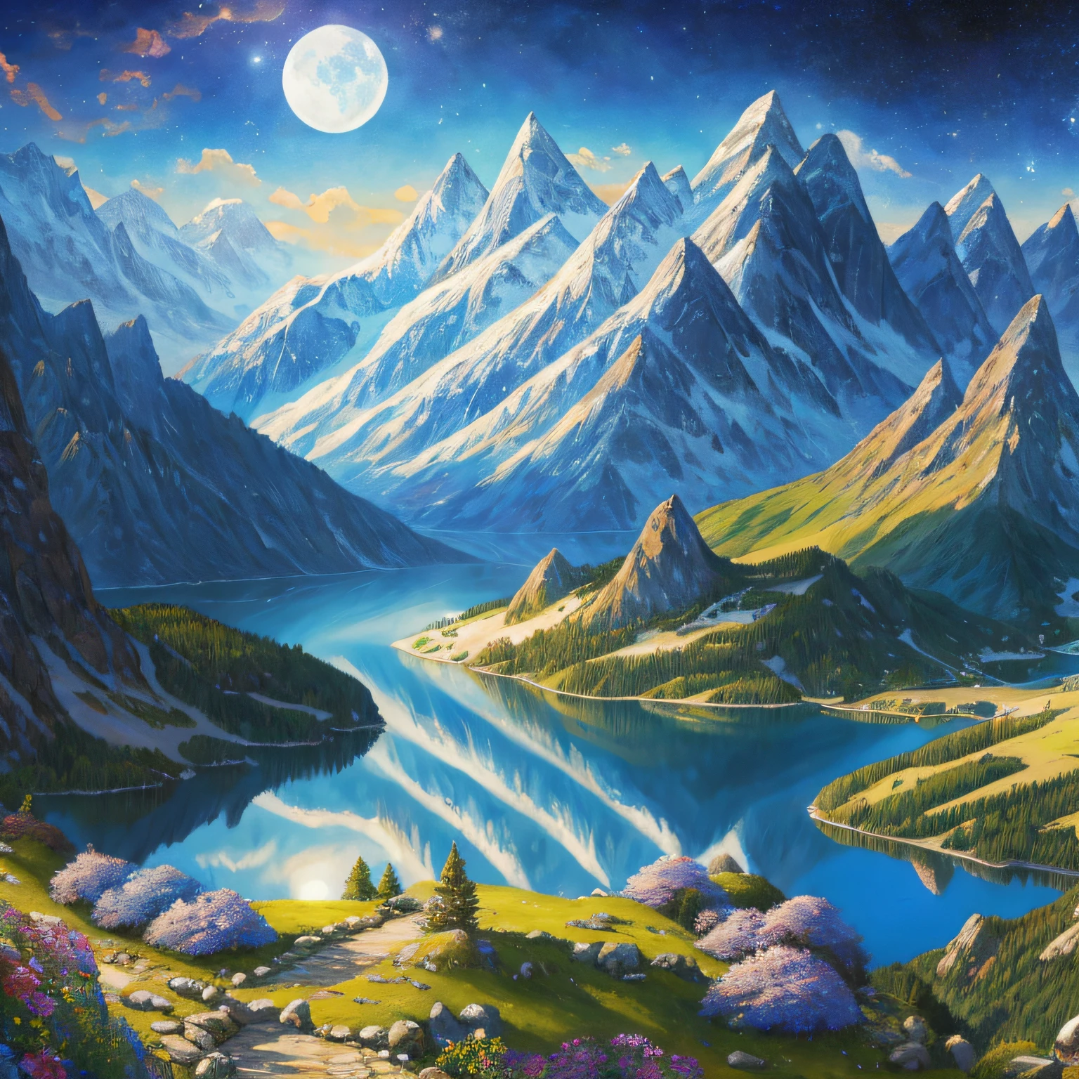 Arafeld painted mountain scenery with lake and moon, tapestries of dreams, Detailed artwork, Very detailed background, tapestry, highly detailed back ground, extremely high quality artwork, high detail artwork, Very detailed feeling, detailed dreamscape, view of the cosmos, highly detailed 4 k art, highly detailed dark art, extremly high detail, extremly high detail --auto