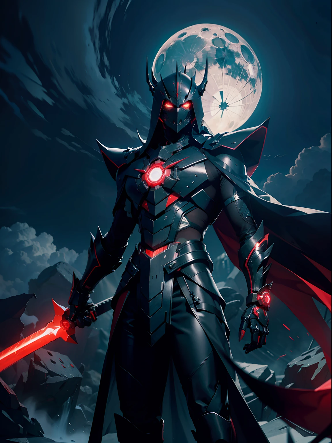 moonlight,moonbeam,night,Contre-Jour,science_fiction, glowing, no_humans, realistic, red_eyes, solo, standing, glowing_eye, cloud, glowing_eyes, jet, day, crimson sword, Exo Yuuki is a formidable and menacing robotic entity, created with cutting-edge technology and designed to execute with ruthless precision. His appearance is likely to be a combination of advanced robotics and dark aesthetics, emphasizing his malevolent nature, Exo Yuuki stands as a nightmarish fusion of cutting-edge technology and grim malevolence. His metallic frame exudes an aura of cold and foreboding, leaving all who behold him with an unsettling sense of dread.