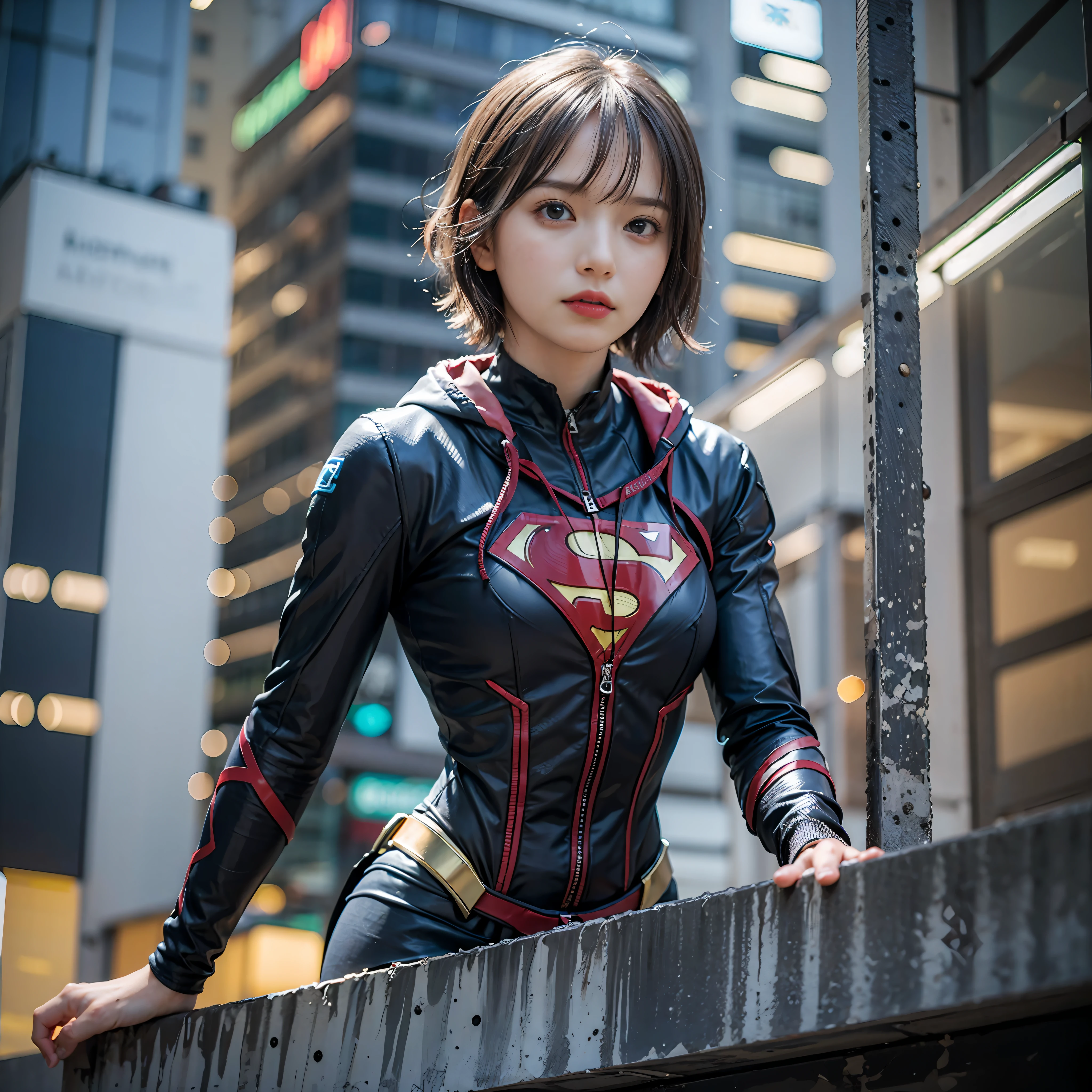 Best Quality, masutepiece, (Photorealistic:2), Ultra High Resolution, Highly detailed, A hyper-realistic, 1girl in, Supergirl suit in white, superman logo, Spider-Man pattern, Colorful、(((very_short_hair))), Short hair, Slim body, Full Shot, Looking at Viewer, Night, On the roof of a building, Rain, Dark Scene, Dark atmosphere, light neon, myst, cloudy, Lightning, Detailed background
