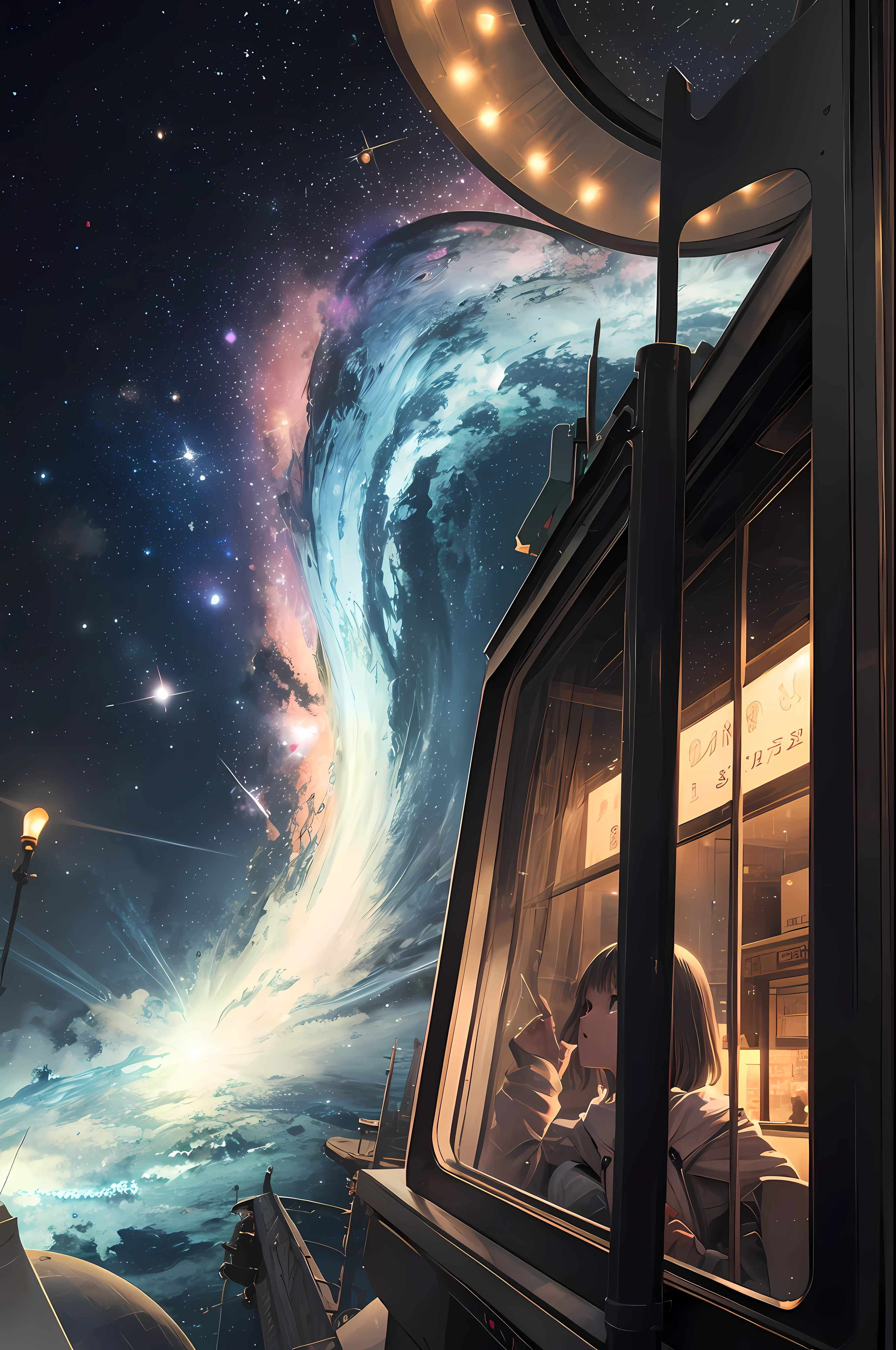 Night on the Galaxy Express、Magnificent space station、cosmic space、Fantasia、Waiting girl in the corner of the screen
