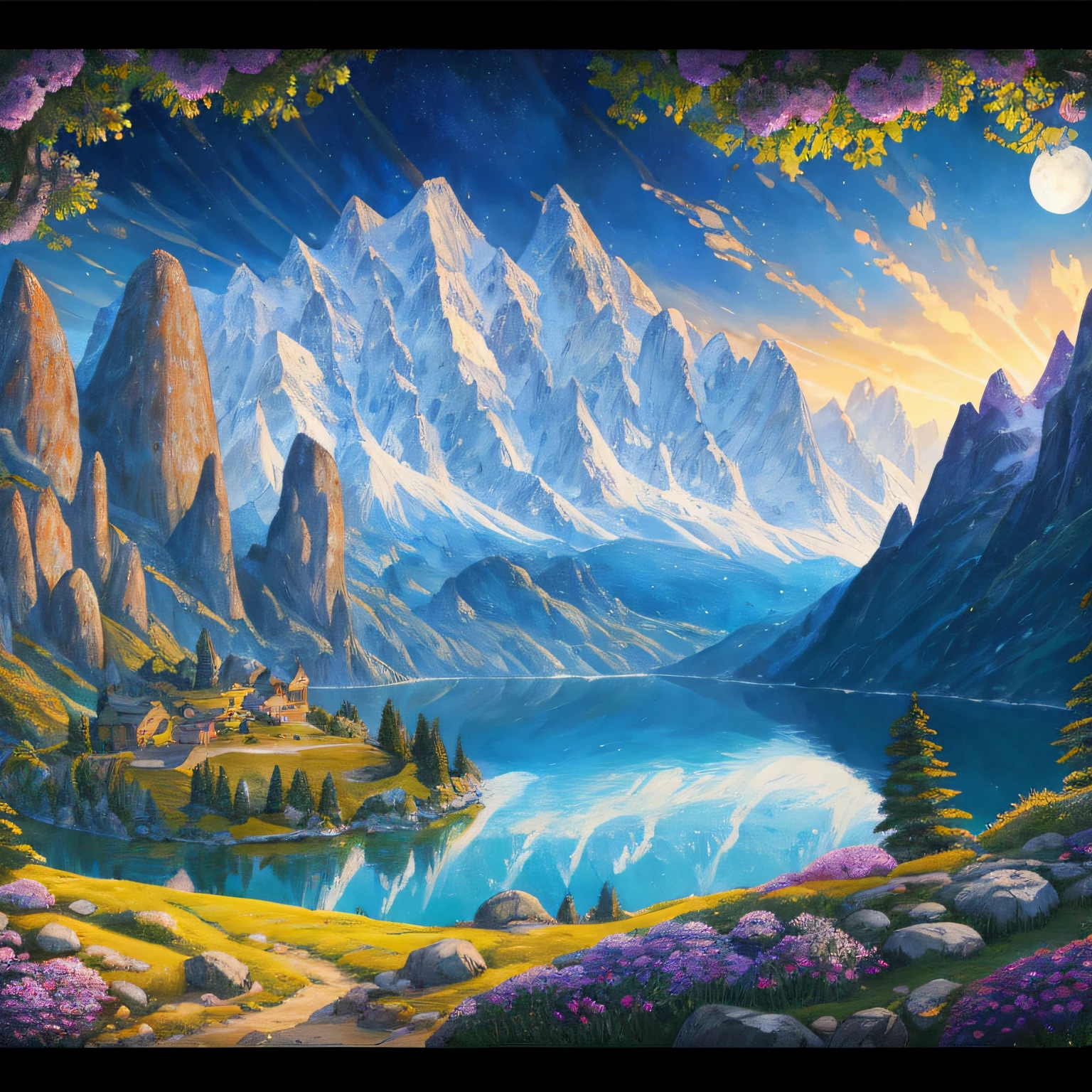 Arafeld painted mountain scenery with lake and moon, tapestries of dreams, Detailed artwork, Very detailed background, tapestry, highly detailed back ground, extremely high quality artwork, high detail artwork, Very detailed feeling, detailed dreamscape, view of the cosmos, highly detailed 4 k art, highly detailed dark art, extremly high detail, extremly high detail --auto