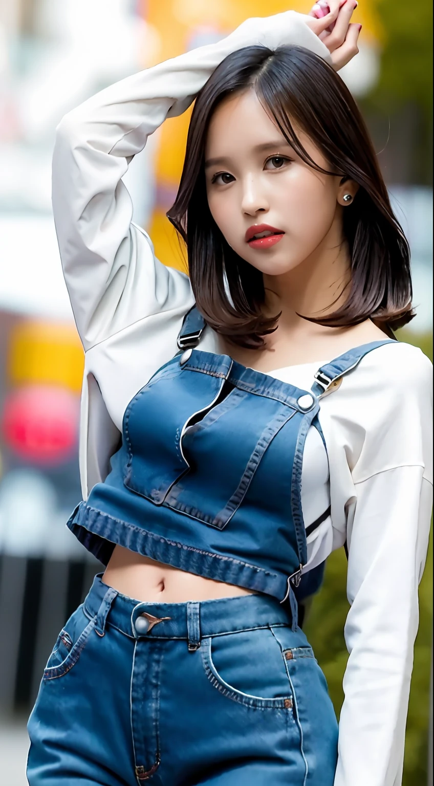 Mina，cabelos preto e longos，Girl posing for photo in white bra and tight denim，Keep your arms behind your back，full bodyesbian，With a cropped T-shirt、brassier，Slim body，Smaller bust，Slim girl model，24 years old female model，