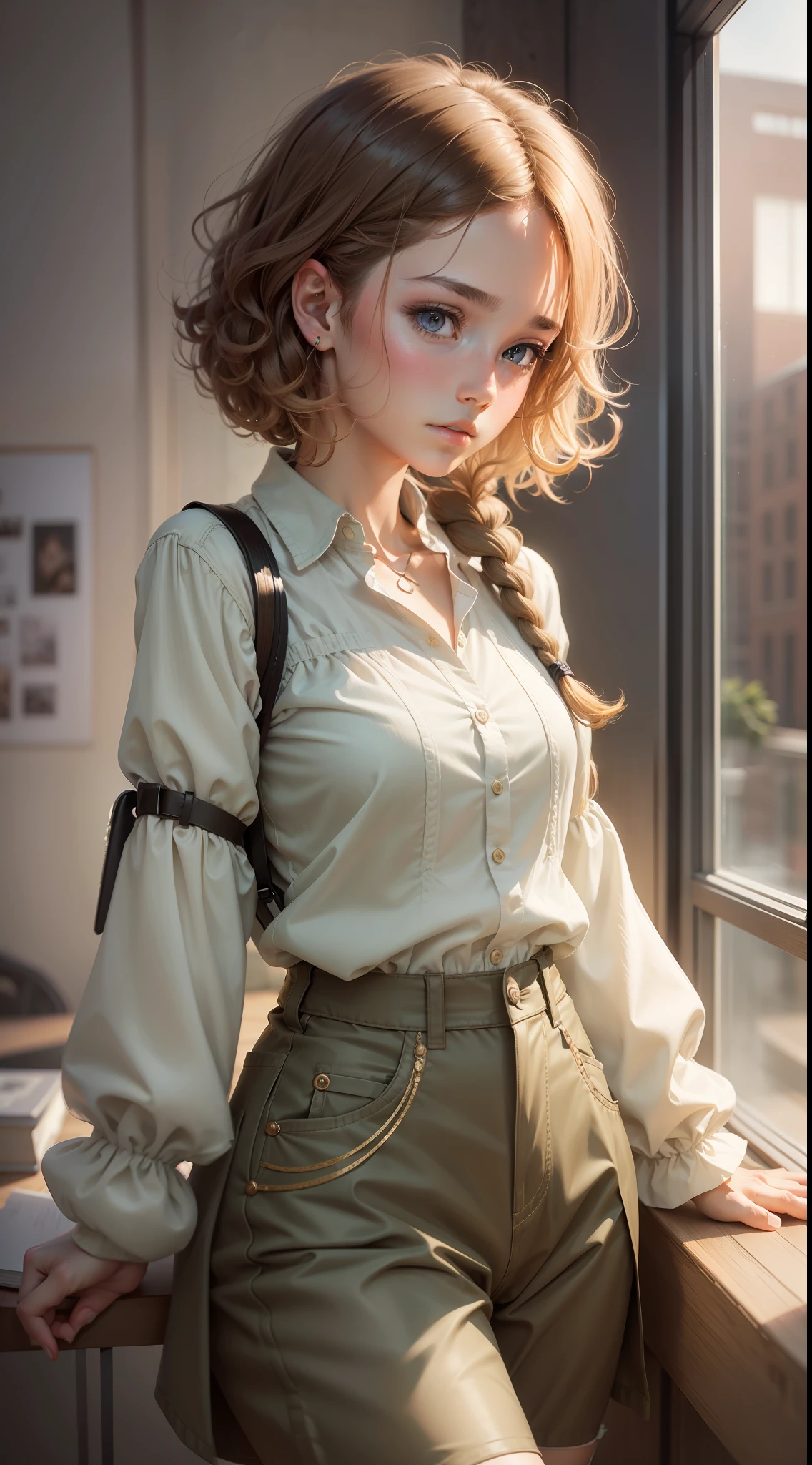 high high quality,tmasterpiece,Delicate facial features,Delicate hair,Delicate eyes,teens girl,schoolgirls,Short khaki hair,With a braid,Curly hair,shorter pants,short- sleeved,Manteau,vivaciousness,Wearing sleeves,Design clothes,8K high quality detailed art(Delicate facial portrayal)(Fine hair portrayal)(highest quality)(Master masterpieces)(High degree of completion)(a sense of atmosphere)8k wallpaper,tmasterpiece,Best quality at best,ultra - detailed