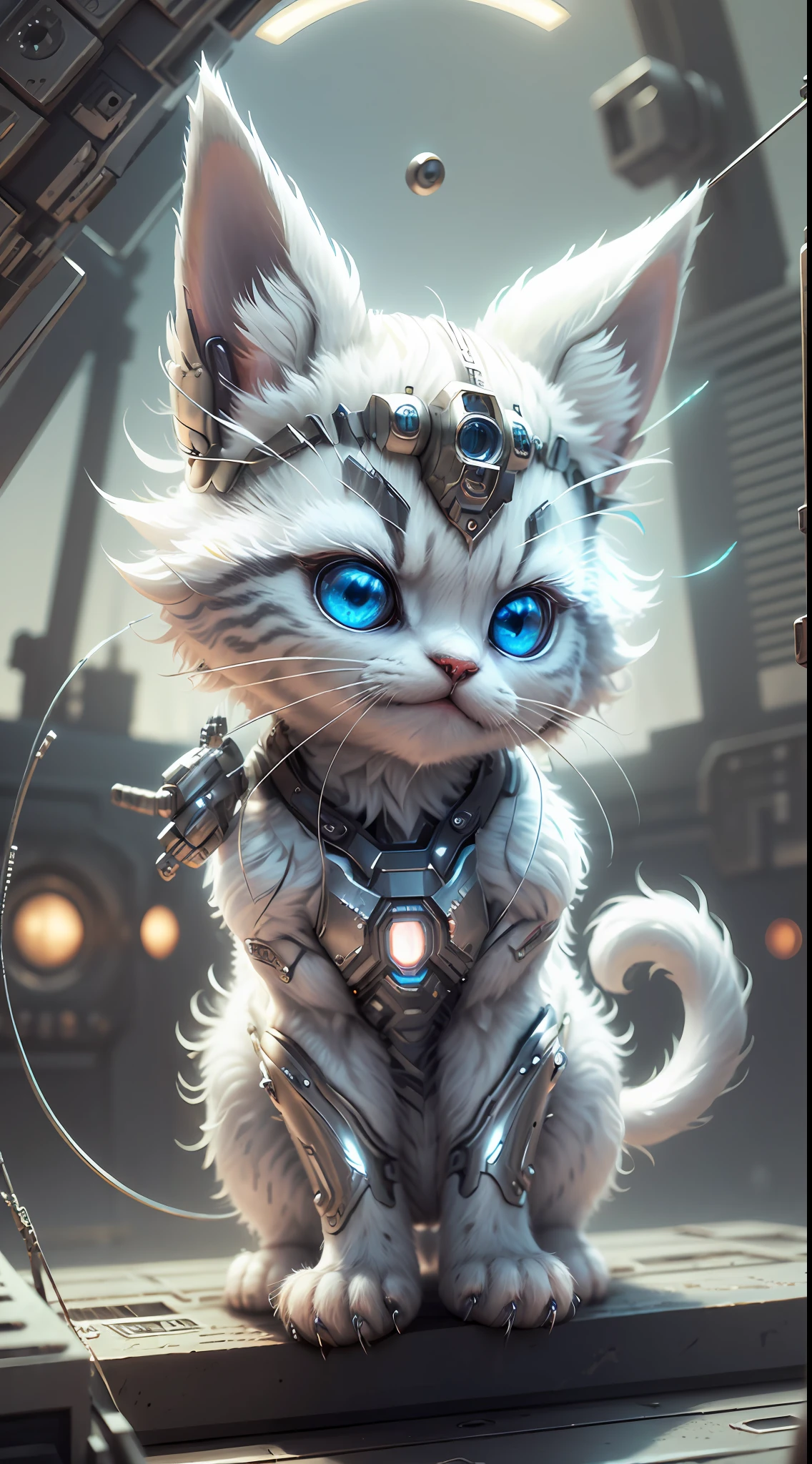 A cute metallic white fur kitten，(Cyborg:1.1)，([Tail|detailed wire]:1.3)，(complexdetails)，hdr，(complexdetails，ultra - detailed:1.2)，Cinema lenses，Halo shadow，at centre，ssmile，Funny