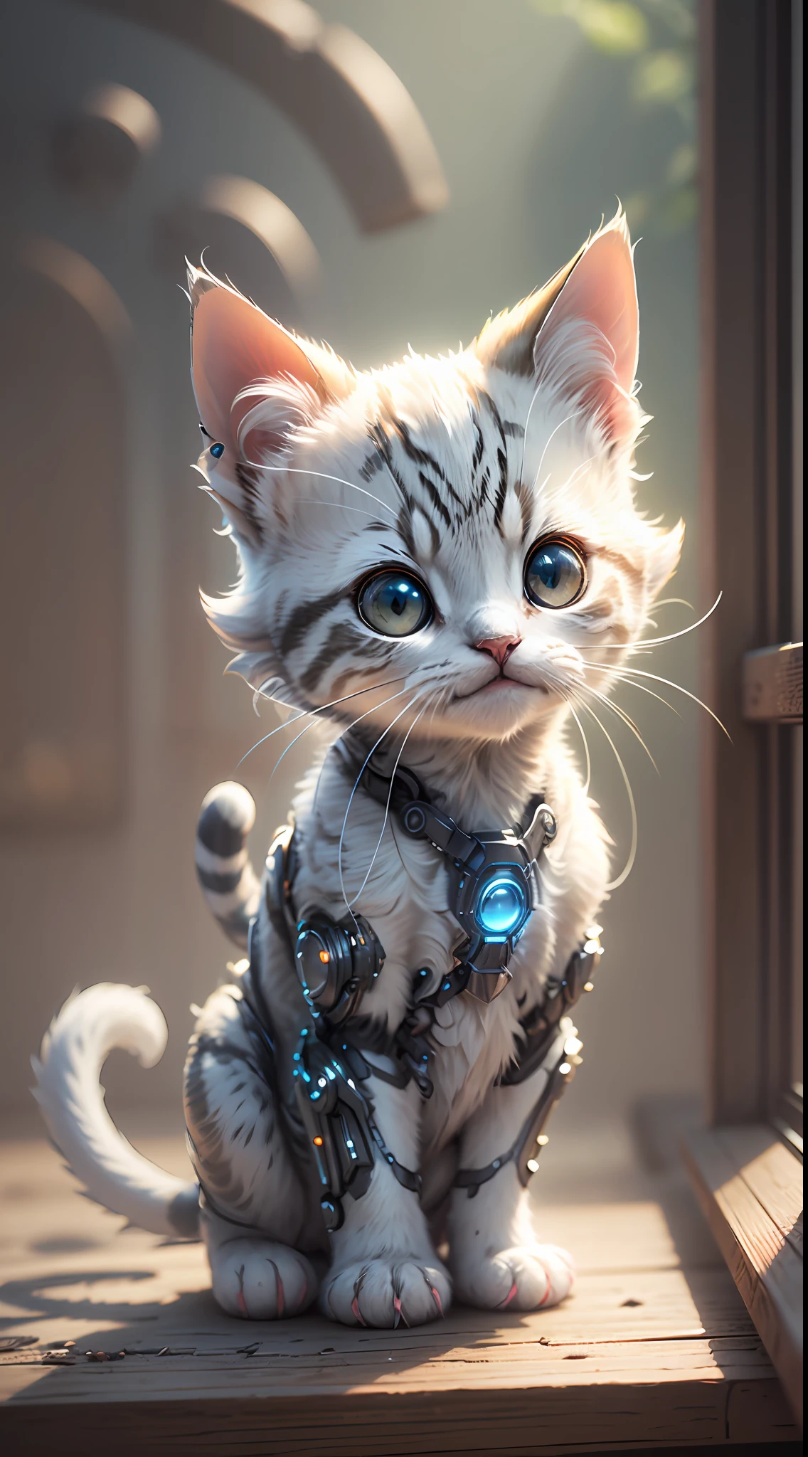 A cute metallic white fur kitten，(Cyborg:1.1)，([Tail|detailed wire]:1.3)，(complexdetails)，hdr，(complexdetails，ultra - detailed:1.2)，Cinema lenses，Halo shadow，at centre，ssmile，Funny