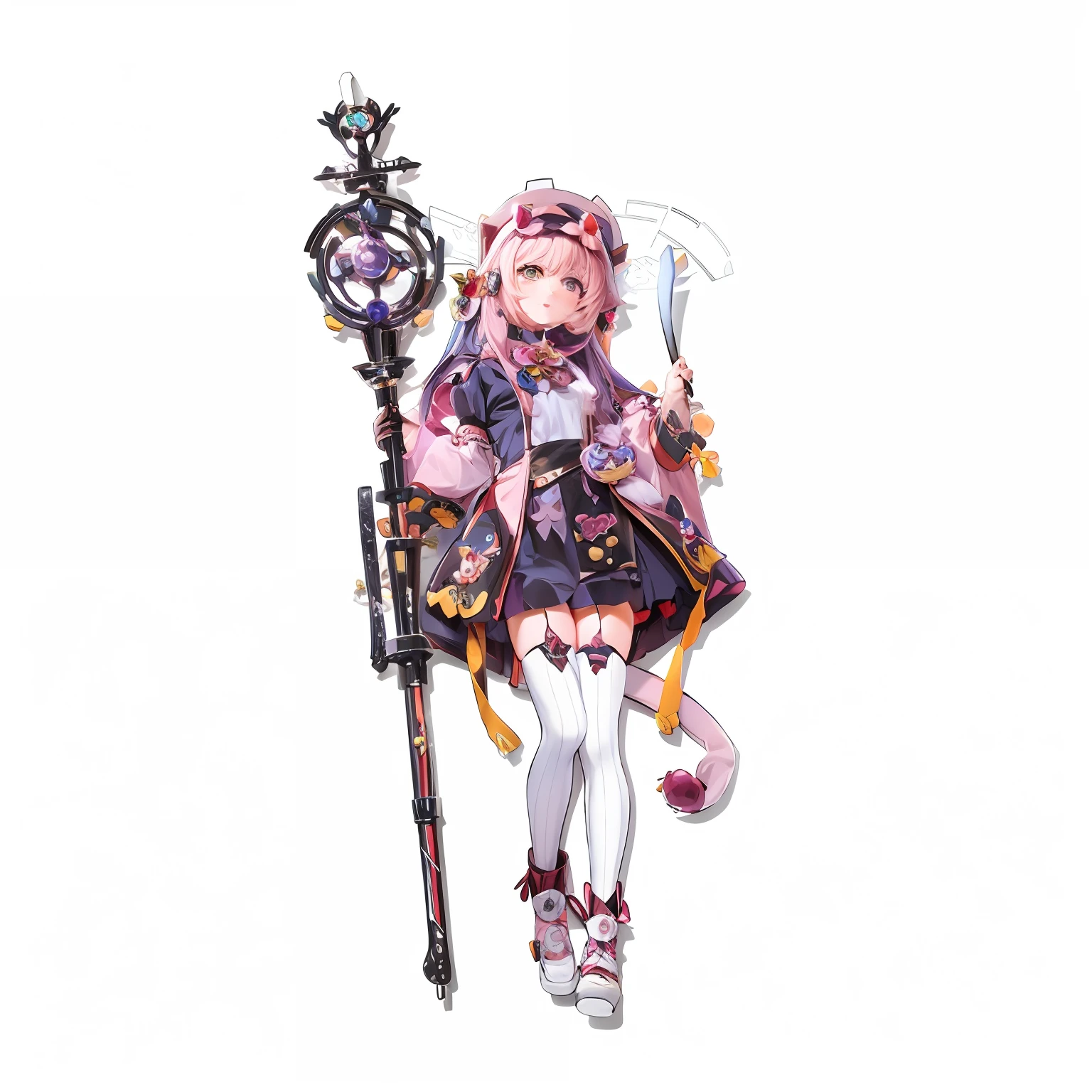 Anime girl with staff,Hats and dresses, portrait of magical girl, mechanized witch girl, magical , style of magical girl, small curvaceous loli, hanaya, render of a cute 3d anime girl, alchemist girl, anime cat girl in a maid costume