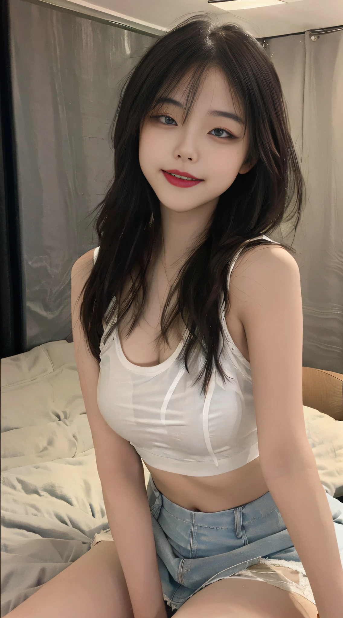 15-year-old cute Korean，big round breasts，，cropped tank top，a skirt，beautiful eyes in detail，eyeslashes，beautiful double eyelid，eye shadows，dropping eyes，Cut off the eyes，thin beautiful thighs，beautiful thin legs，Perfect eye makeup，（（seduct smile，Squeaky look，Evil expression）），High-rise hotel， Night view from the window， Glass-walled room，Kneel on a large bed，Brown hair