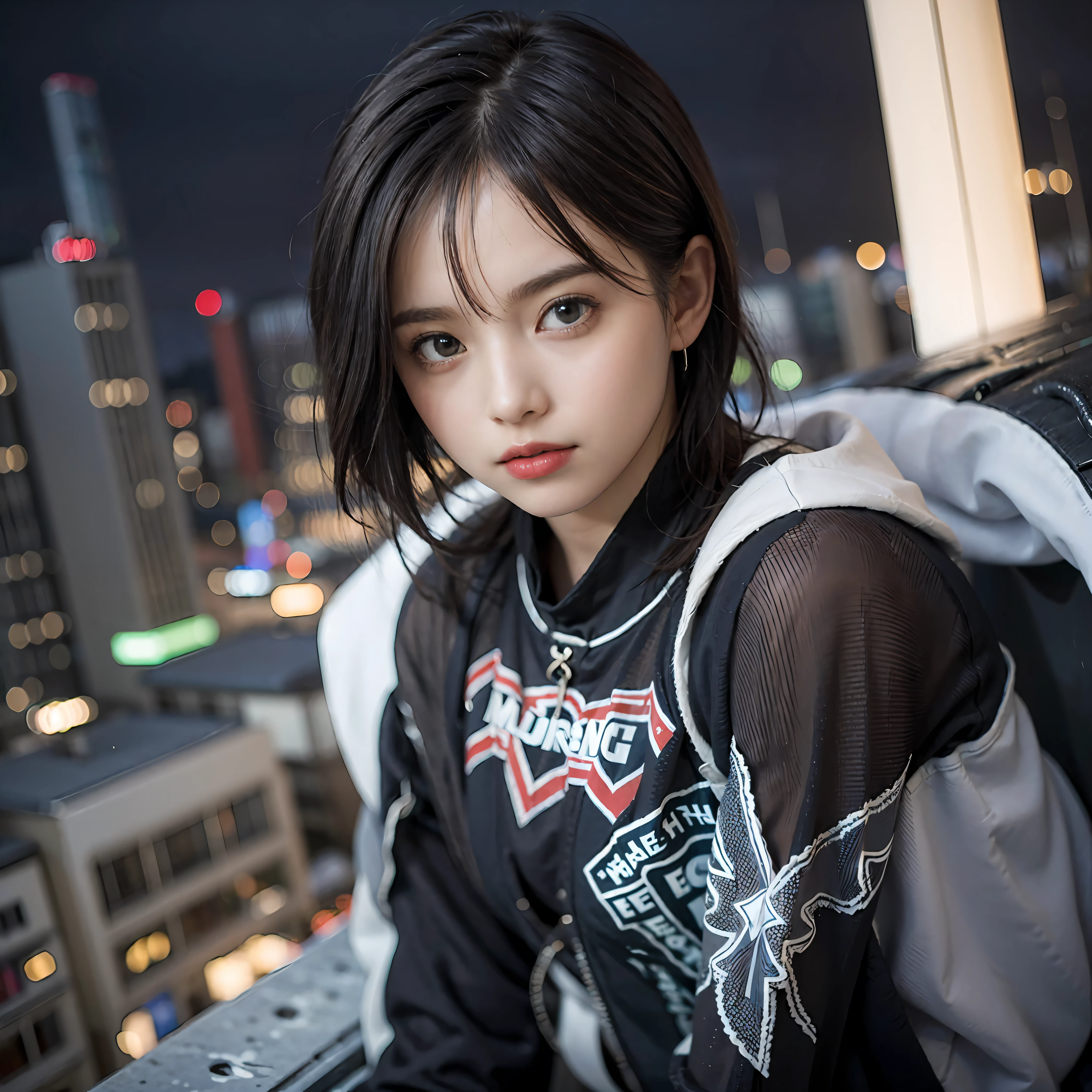 Best Quality, masutepiece, (Photorealistic:2), Ultra High Resolution, Highly detailed, A hyper-realistic, 1girl in, Supergirl suit in white, superman logo, Spider-Man pattern, Colorful、(((very_short_hair))), Short hair, Slim body, Full Shot, Looking at Viewer, Night, On the roof of a building, Rain, Dark Scene, Dark atmosphere, light neon, myst, cloudy, Lightning, Detailed background