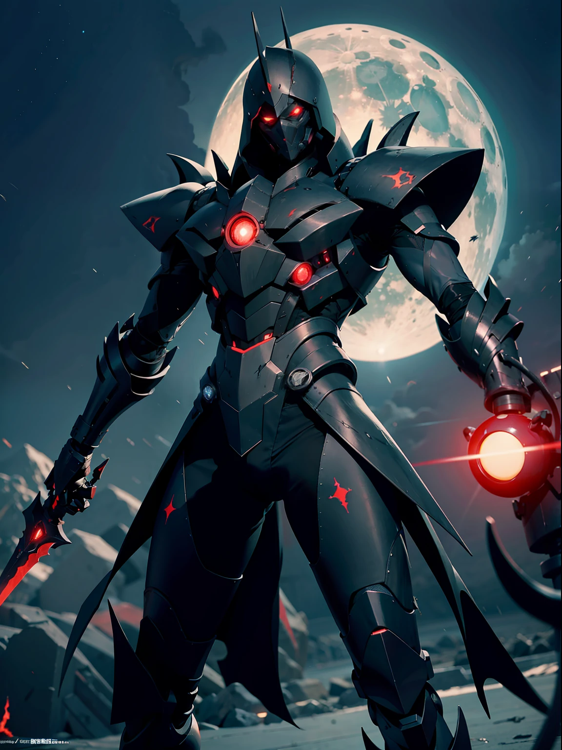 moonlight,moonbeam,night,Contre-Jour,science_fiction, glowing, no_humans, realistic, red_eyes, solo, standing, glowing_eye, cloud, glowing_eyes, jet, day, crimson sword, Exo Yuuki is a formidable and menacing robotic entity, created with cutting-edge technology and designed to execute with ruthless precision. His appearance is likely to be a combination of advanced robotics and dark aesthetics, emphasizing his malevolent nature, Exo Yuuki stands as a nightmarish fusion of cutting-edge technology and grim malevolence. His metallic frame exudes an aura of cold and foreboding, leaving all who behold him with an unsettling sense of dread.