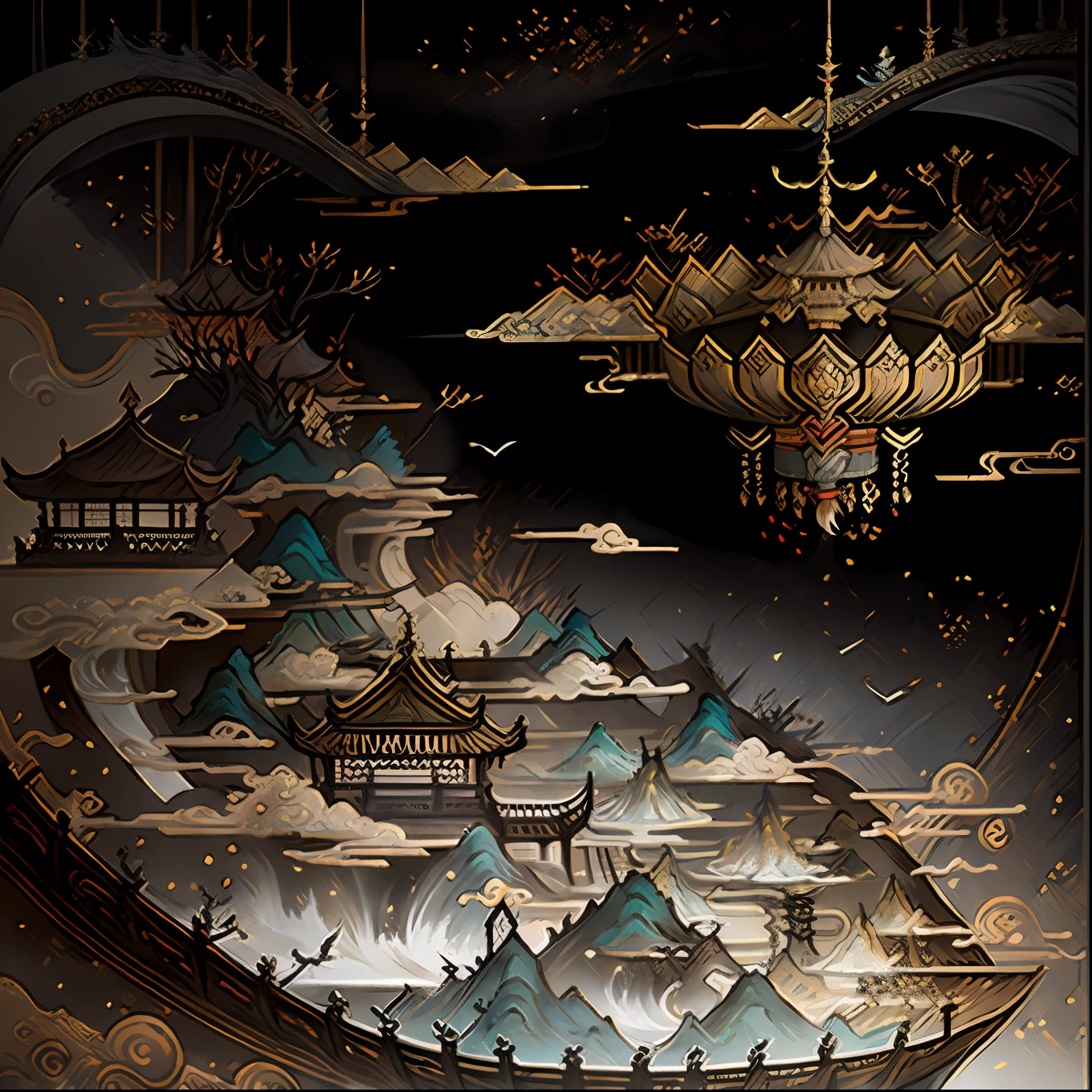 An ancient Chinese painting, ancient Chinese background, mountains, rivers, auspicious clouds, pavilions, sunshine, masterpieces, super detail, epic composition, ultra HD, high quality, extremely detailed, official art, unified 8k wallpaper, Super detail, 32k -- v 6