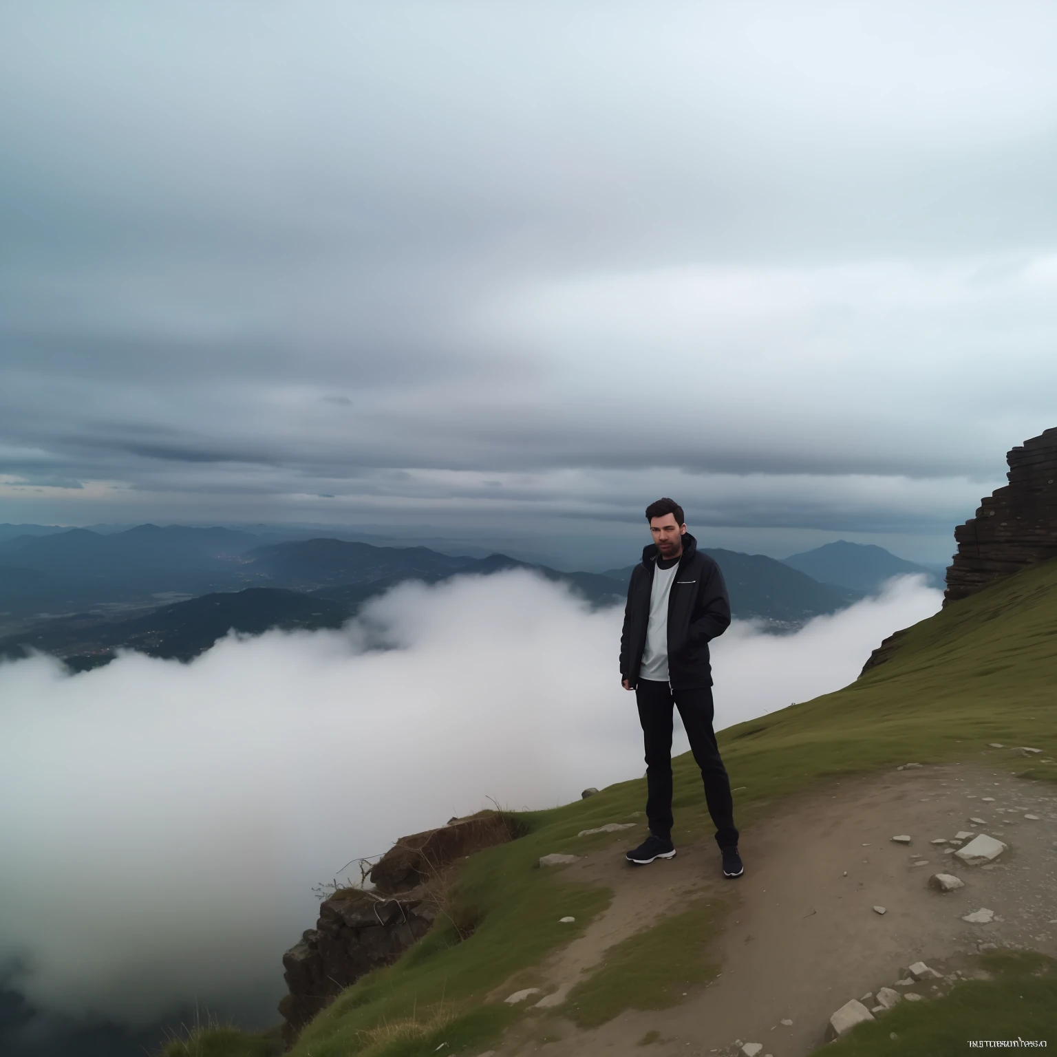 Man, standing on a mountain with clouds below, wearing a jacket, masterpiece, photorealistic, Best quality