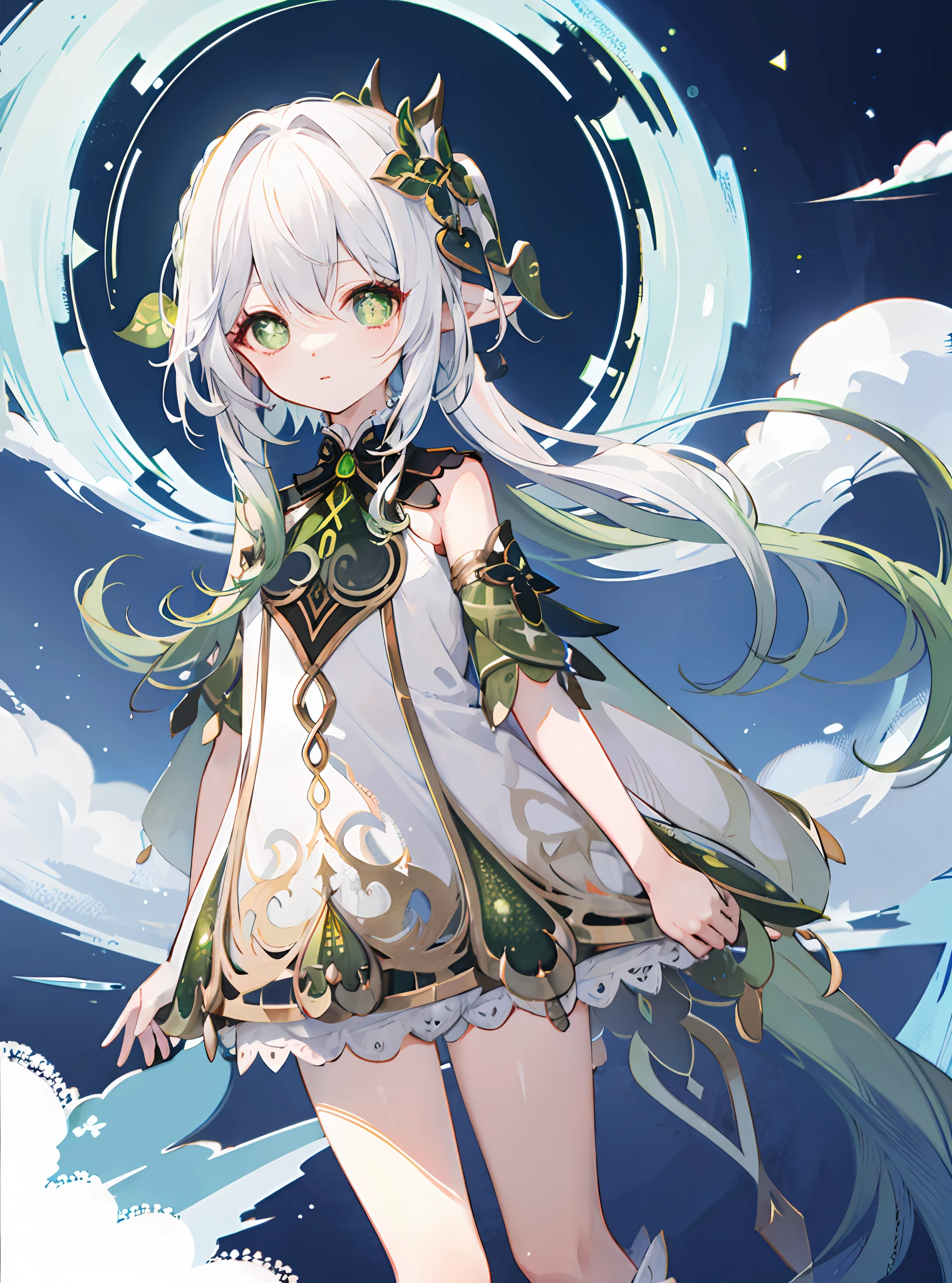 Nahida_Genshin,(White hair),cross-shaped pupils,default_dress,Green cape,