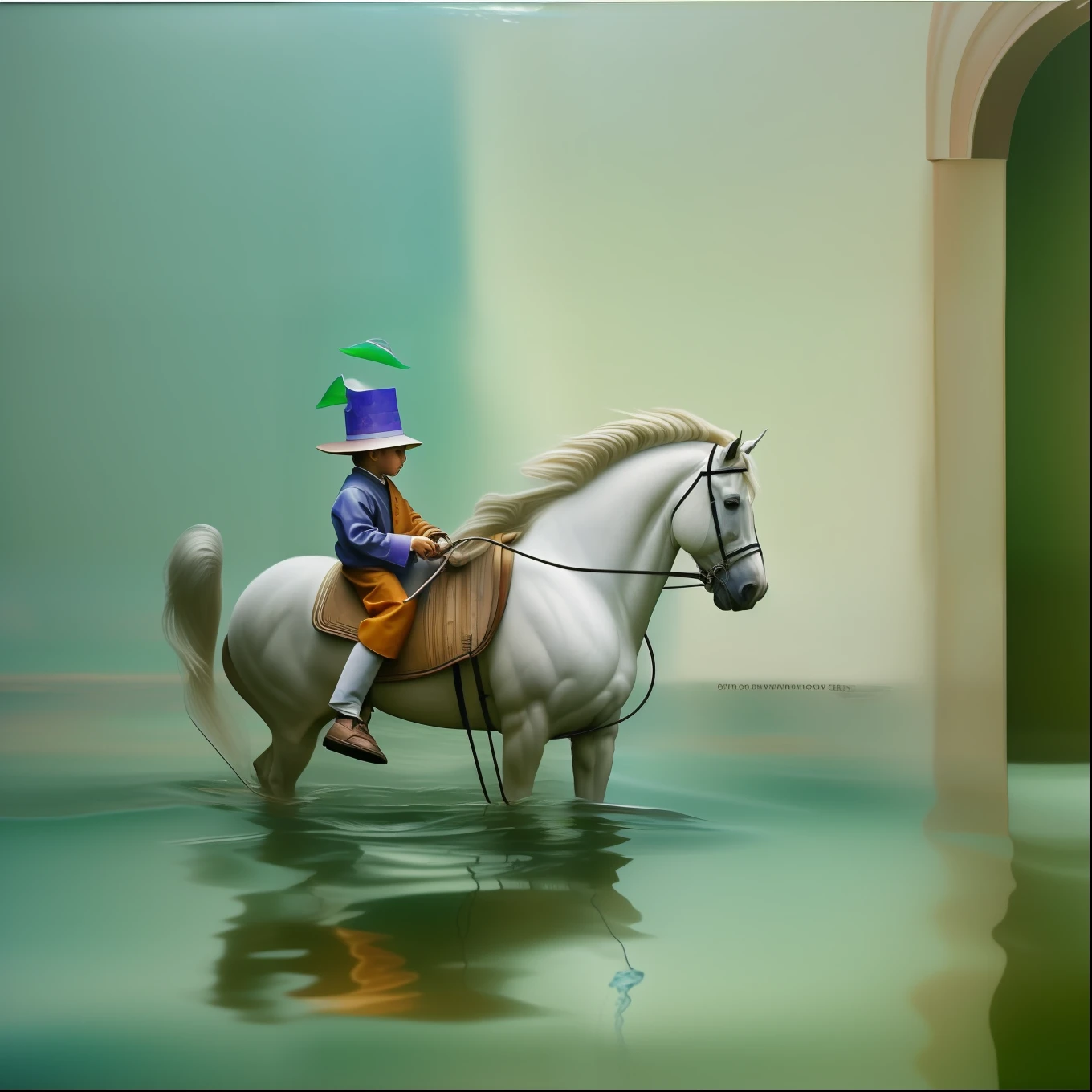 Boy with paper hat ((chimney in the hat that emits a little smoke)), symbolizing dreams, (((riding a white horse))), (((half its legs submerged in water))) , realistic reflections and normal water waves, realistic, horizon at a low golden height, with a background finished in a greenish gray wall, with a painting hanging in the background with the same motif as the scene, harmonic chromatic composition of three colors, violet blue , reddish and green, natural lighting, take the image with a Sony Alfa camera, 250 mm, painting oil painting, Rembrandt and Leonardo Da Vinci style, small toys floating like tops, marbles and small houses, harmonious and compositionally harmonious in different colors and contrasting, melodically aesthetic, ((((transparent water)))), the background can be seen showing the ground or floor, quality, masterpiece, hyper-realisti