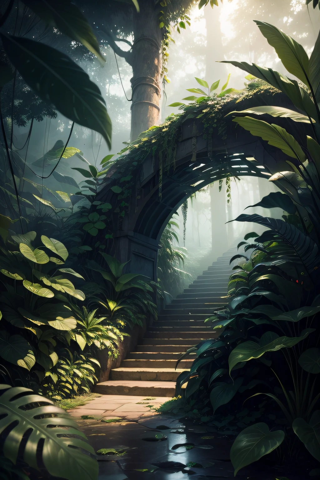 Jungle, heavy rainfall, monochrome, vines everywhere, huge and humid trees, masterpiece, best quality, high quality, very detailed CG unified 8k wallpaper, oil painting, award-winning photography, bokeh, depth of field, HDR, bloom, color difference, realism, very detailed, trends on artstation, trends on CGSociety, intricate, high detail, drama, midjourney art, volumetric lighting