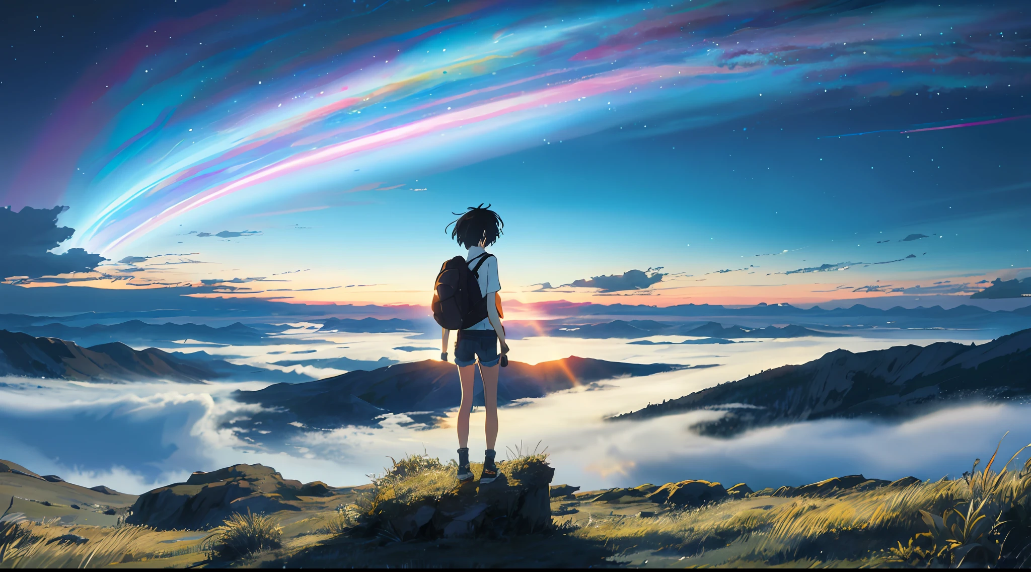 Vast sky, beautiful skyline, wide grasslands, very tense and dramatic pictures, moving visual effects, hanging high Polaris and colorful natural lights. A girl with a loose hoodie, short hair, six-headed body, denim shorts and a low, hanging backpack.