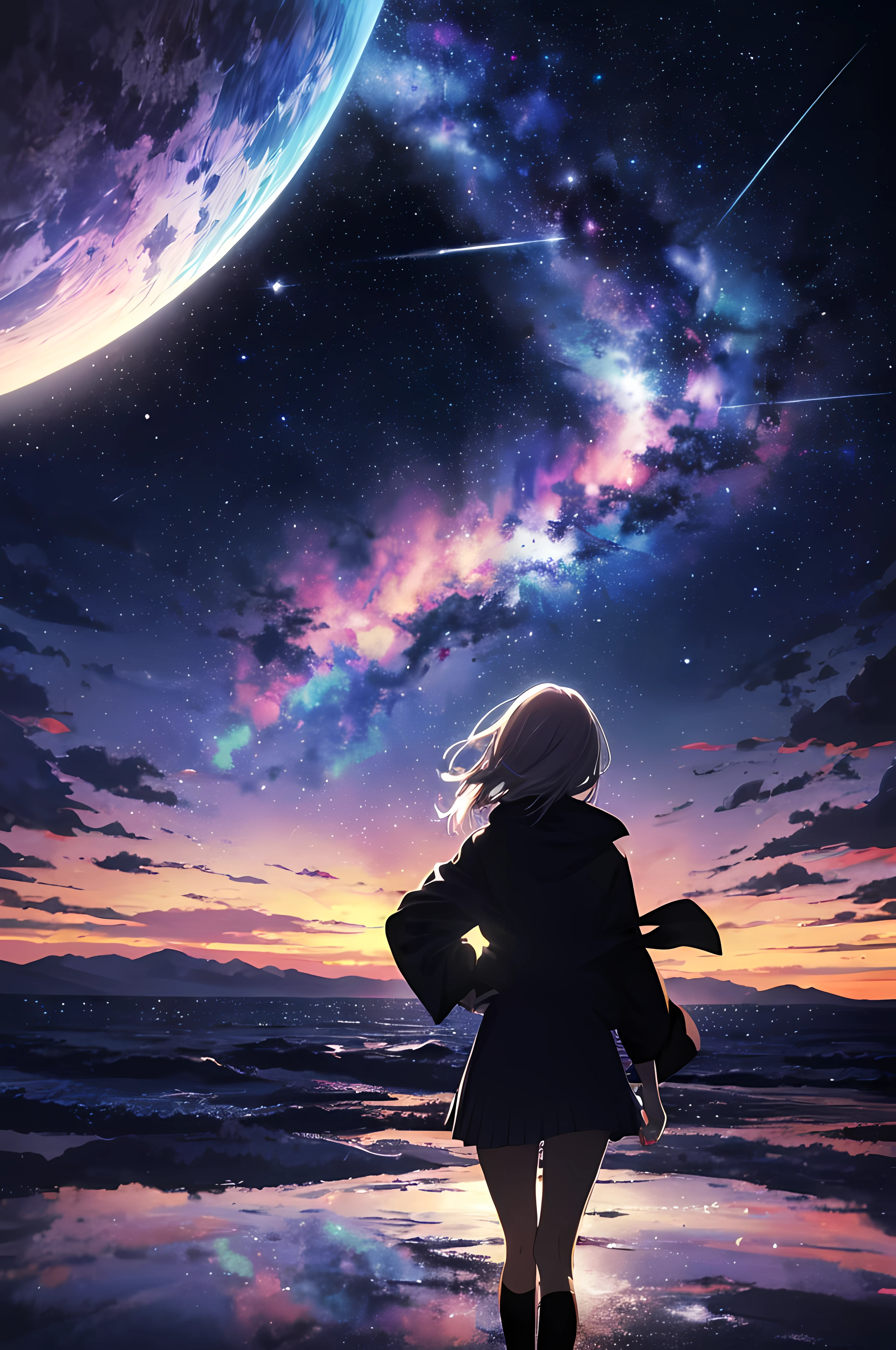 Anime girl looking out the window in a space full of stars, 4k anime wallpaper, anime wallpaper 4 k, anime wallpaper 4k, anime art wallpaper 4k, anime art wallpaper 4k, Anime art wallpaper 8k, anime style 4 k, girl looks at the space, amazing wallpapers, endless cosmos in the background, ufotable art style