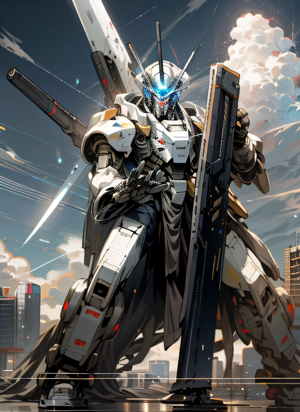 Skysky,clouds,holdingweapon,No characters,with light glowing,droid,buliding,Shine your eyes,mechs,scientific fiction,城市,Realistis,mechs。