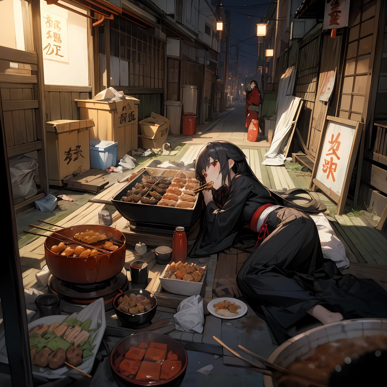 (masterpiece, best quality),(night,trash,junk:1.3),(alley in Japan,casserole),1girl,eating,messy,empty can,black hair,long hair,messy hair,red eyes,black clothes,japanese clothes,crate,skewer,tokkuri,sukiyaki,oden,small breasts,lie down on the ground,expressionless
