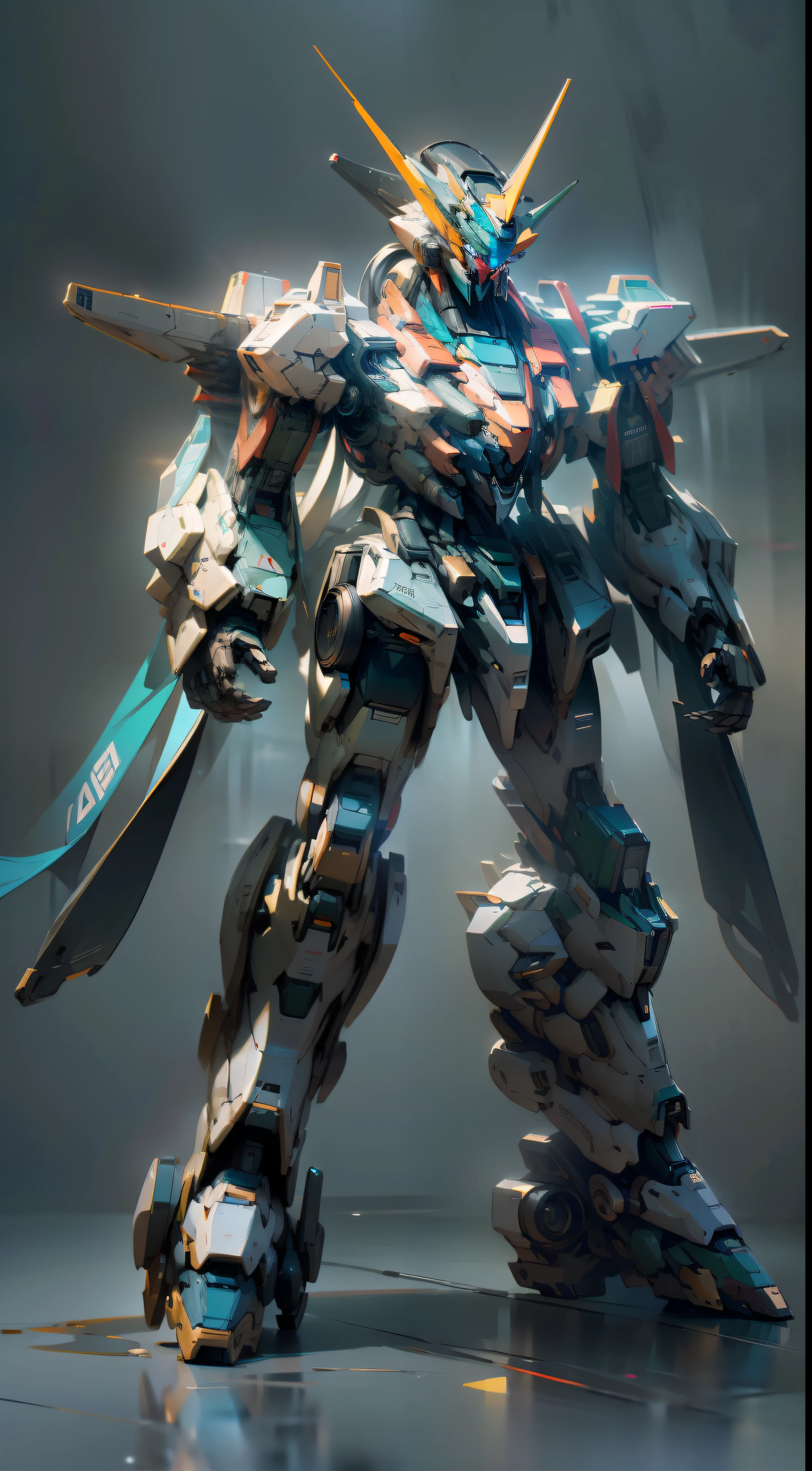 Full body standing painting, Gundam Mech, Machinary, The frontal of the character, reflective light, hyper HD, A high resolution, High detail, Chiaroscuro, Ray tracing, Cinematic lighting, Masterpiece, ccurate, Super detail, High details, High quality, 16k