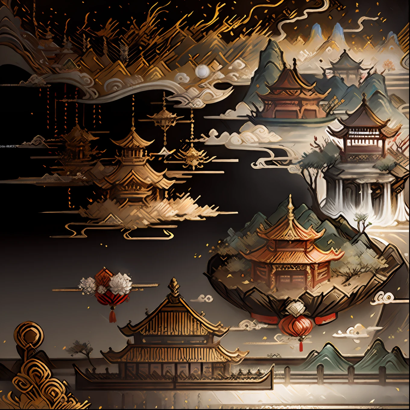 An ancient Chinese painting, ancient Chinese background, mountains, rivers, auspicious clouds, pavilions, sunshine, masterpieces, super detail, epic composition, ultra HD, high quality, extremely detailed, official art, unified 8k wallpaper, Super detail, 32k -- v 6