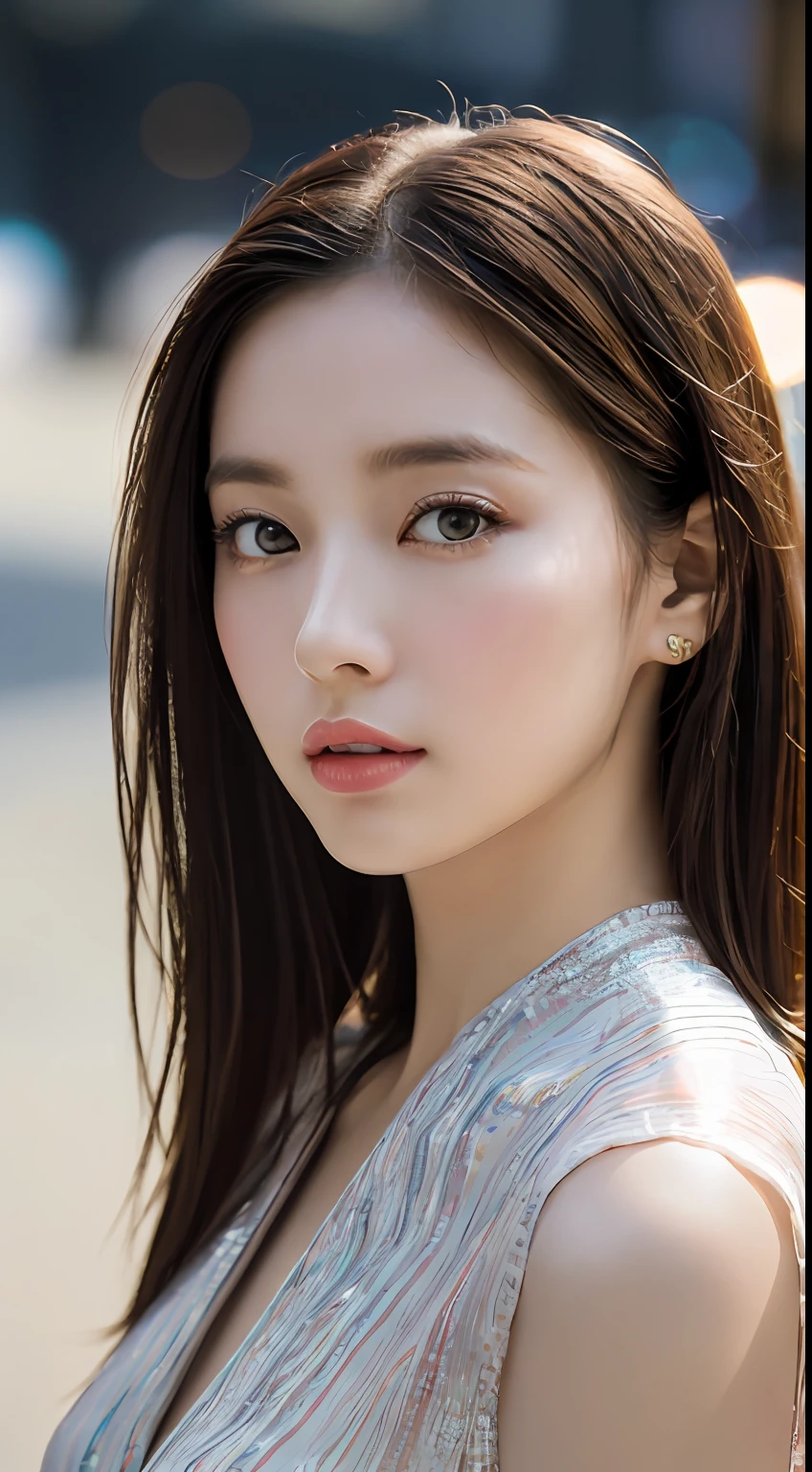 (8K, Raw photo, Photorealistic:1.25) ,( Lip gloss,Glossy finish, Glossy skin, Best Quality, 超A high resolution, chromatic abberation, Caustics, Wide light, Natural Shadow) look with serenity and goddess-like bliss to the spectators,(depth of fields:1.6), (colorful unfocused lights on background:1.2) ,very natural make-up,Shot on a cloudy day . Slender eyes.Downcast eyes. The distant look in her eyes、(Classy and chic outfits)(Stylish as a professional model)、Radio City