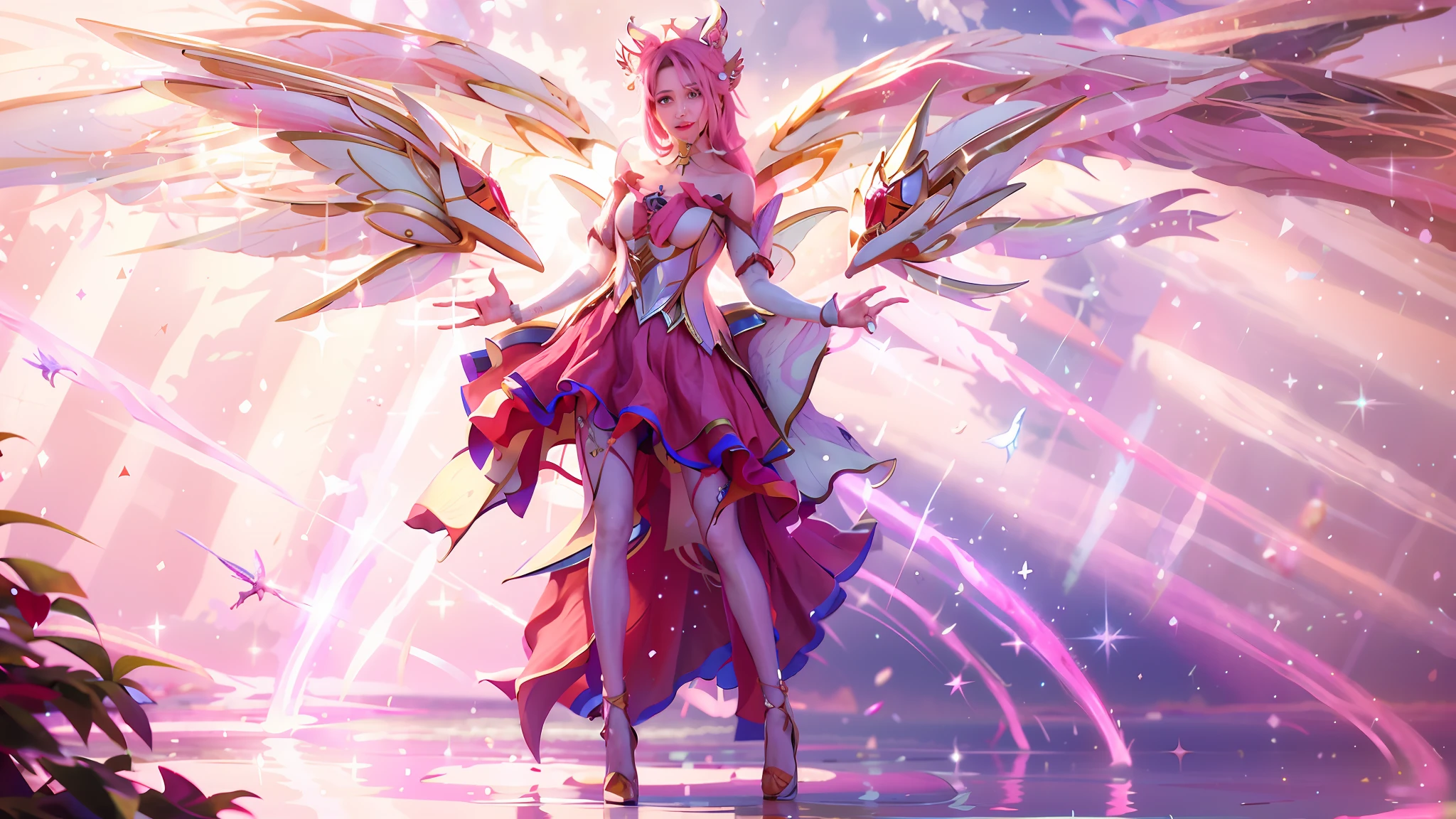 In the sky there is a woman in a pink dress and wings, astral fairy, ethereal wings, space flower fairy, faeries, stunning 3d render of a fairy, smiling as a queen of fairies, fairy aesthetics, Ethereal fantasy, Beautiful fairy, fairy queen, fairy magnificent, Fairy, fairy queen, fae, fairy core, Fairy wings