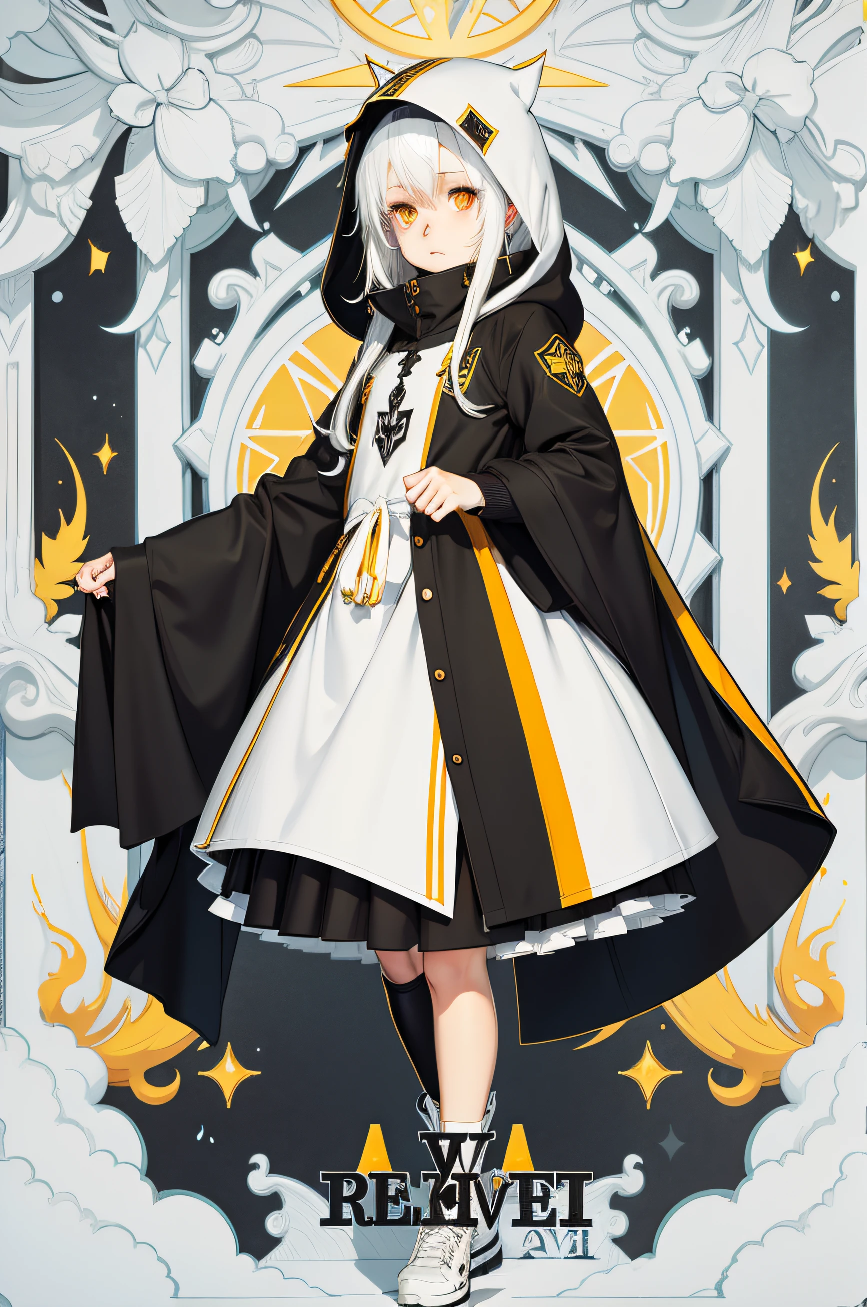 White hair, Hood up, Yellow eyes, long eyelasher, Black sect uniform，small loli，flatchest，