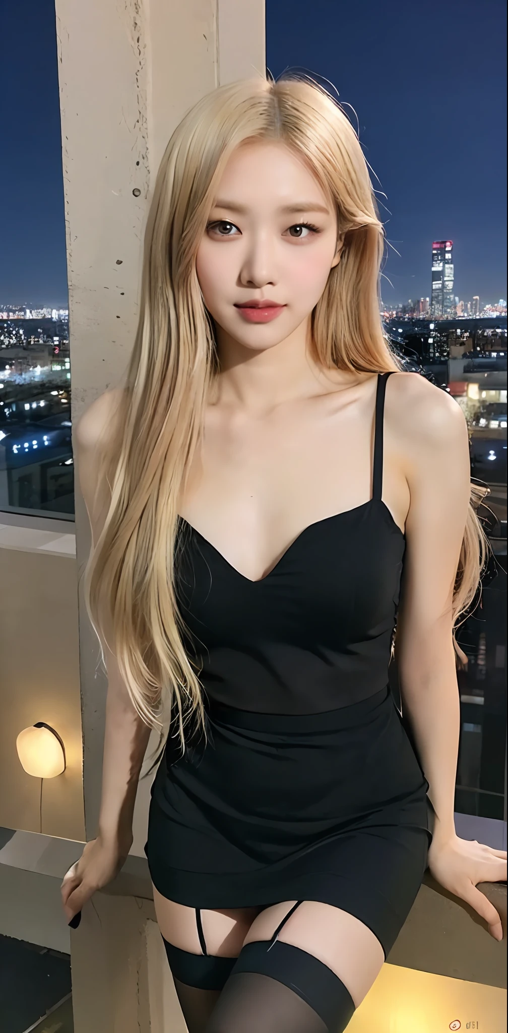 ((Midnight, Best quality, 8k, Masterpiece :1.3)), Whole body, Long legs, Sharp focus :1.2, A pretty woman with perfect figure :1.4, Slender abs, thigh :1.1, ((bright yellow hair, Big breasts :1.2)), (unbuttoned blouse, skirt, high stocking, Standing :1.2), ((Night city view, balcony :1.3)), Highly detailed face and skin texture, Detailed eyes, Double eyelid, slightly smile, close up, armpits