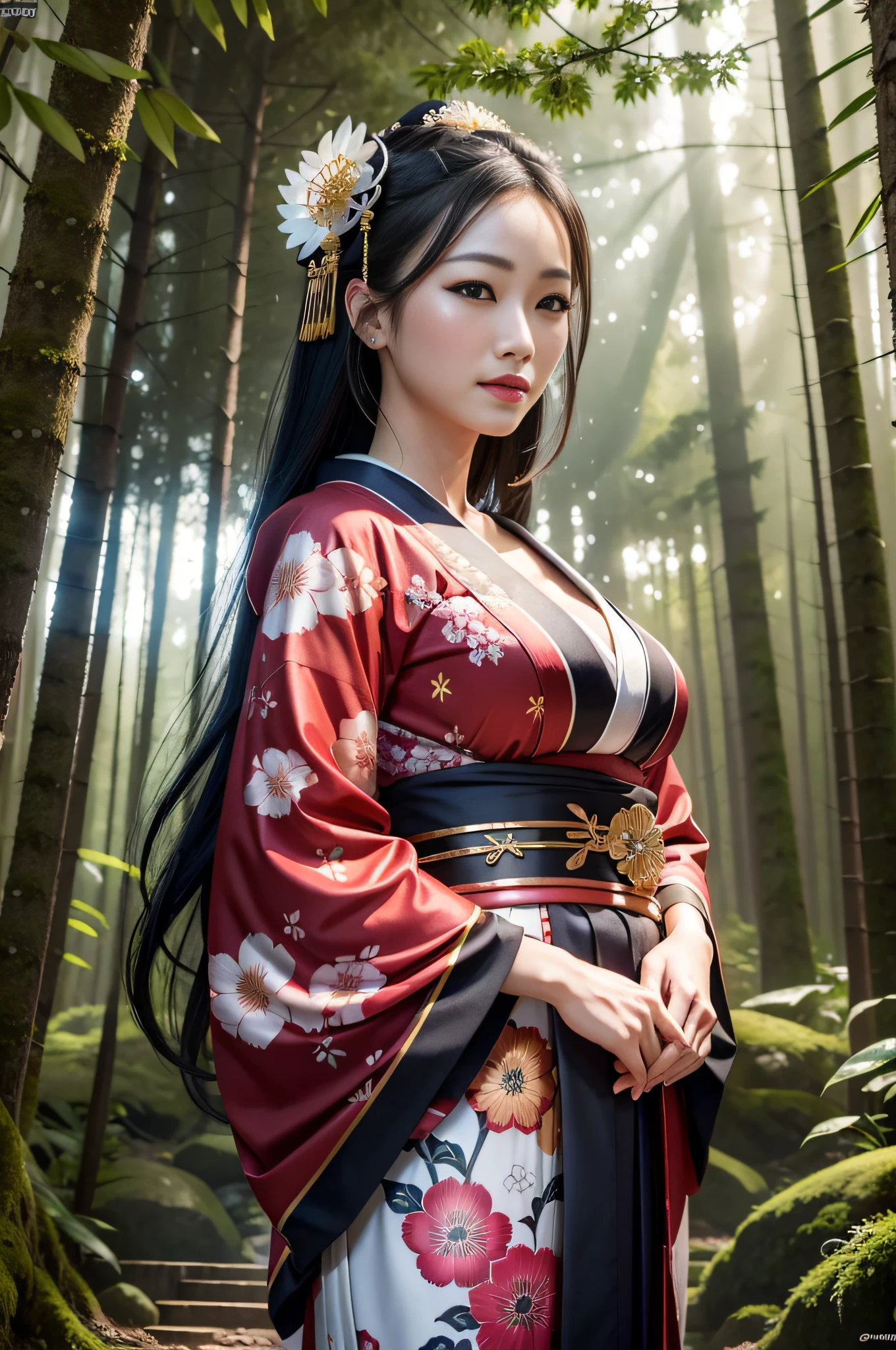 ((hyperrealistic, photorealistic, 8k, intricate details)), geisha (smile), flowing hair, silky skin, full lips, large breasts (((from below))), tranquil forest, foreshortening, (seductive pose), looking at viewer, disgusted, short kimono, (eye contact), asian, photorealistic, masterpiece, realistic, high contrast, hyper detailed, best quality, ultra high resolution, photorealistic, high resolution, detailed, raw photo.