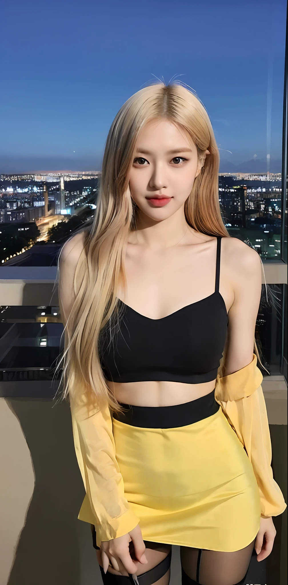 ((Midnight, Best quality, 8k, Masterpiece :1.3)), Whole body, Long legs, Sharp focus :1.2, A pretty woman with perfect figure :1.4, Slender abs, thigh :1.1, ((bright yellow hair, Big breasts :1.2)), (unbuttoned blouse, skirt, high stocking, Standing :1.2), ((Night city view, balcony :1.3)), Highly detailed face and skin texture, Detailed eyes, Double eyelid, slightly smile, close up, armpits