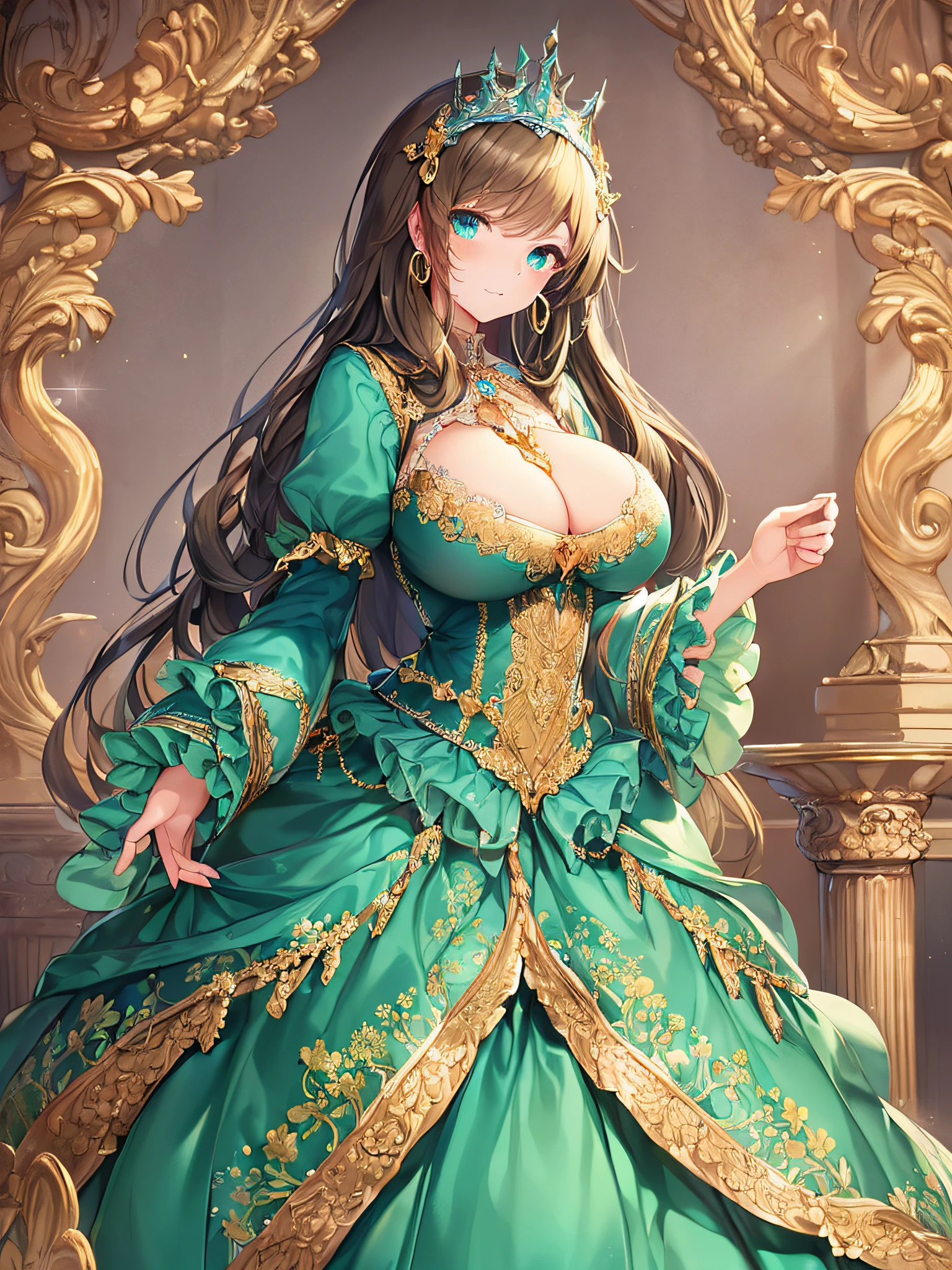 ((anime artstyle)),(Masterpiece),(Best Quality), (Super Detail),((Very Delicate and Beautiful)),((Solo)),((full body)),((1 princess in gorgeousfull rococo dress)),detailed face and eyes,jewel-like eyes,((voluminous Very Long Straight Hair)),(((gigantic tits,Long tits))),curvy,skindentation,((gorgeousfull embroidery and lace)),gorgeous corsage,See-through,gorgeousfull hair ornament,gorgeousfull glitter jeweled tiara,ornate ruffles,((full body)),((hoop skirt,crinoline)),Dynamic Angle,Looking at viewer,(((gorgeous embroidery gorgeousfull rococo dress)),full body